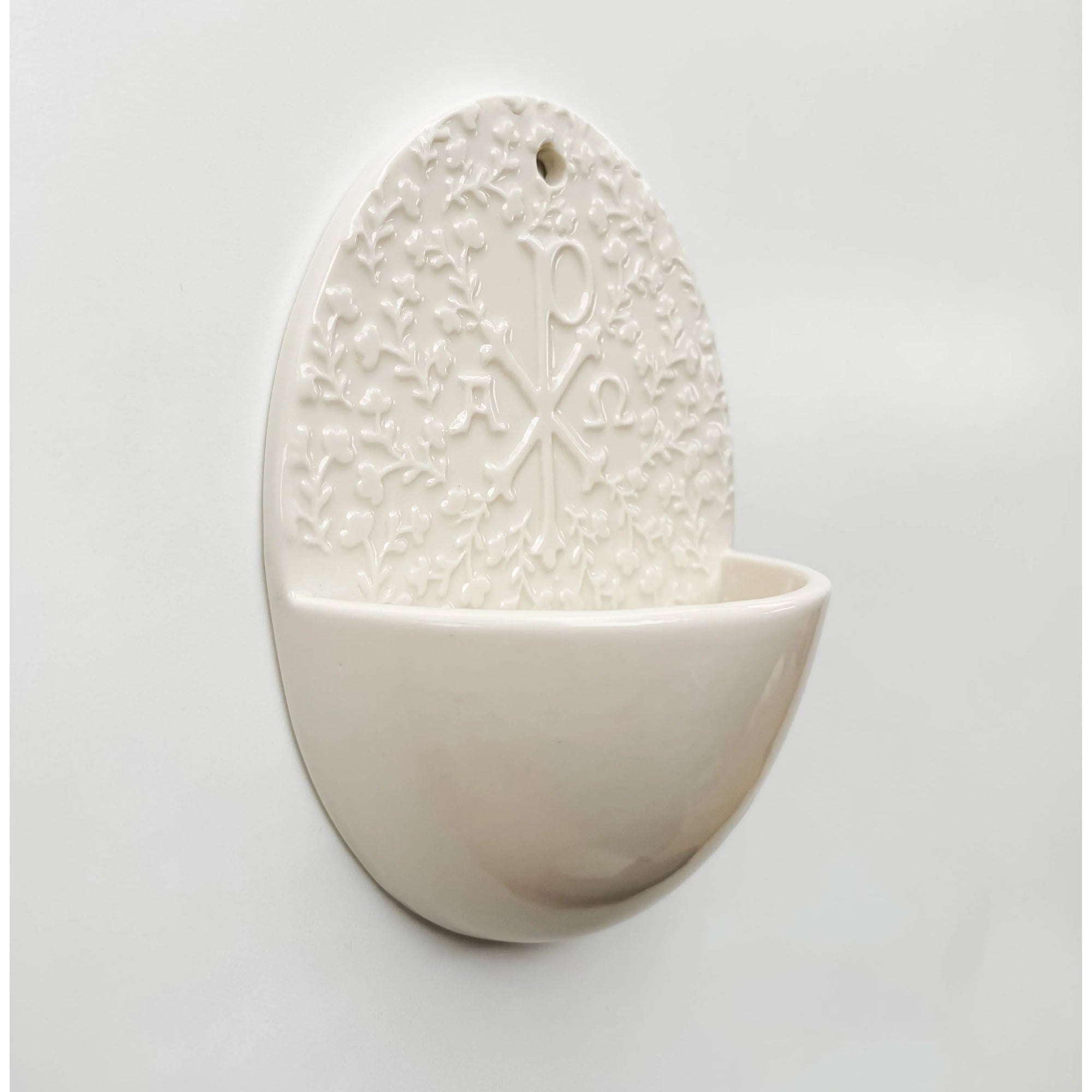 Ceramic Floral Chi Rho Holy Water Font - 7"