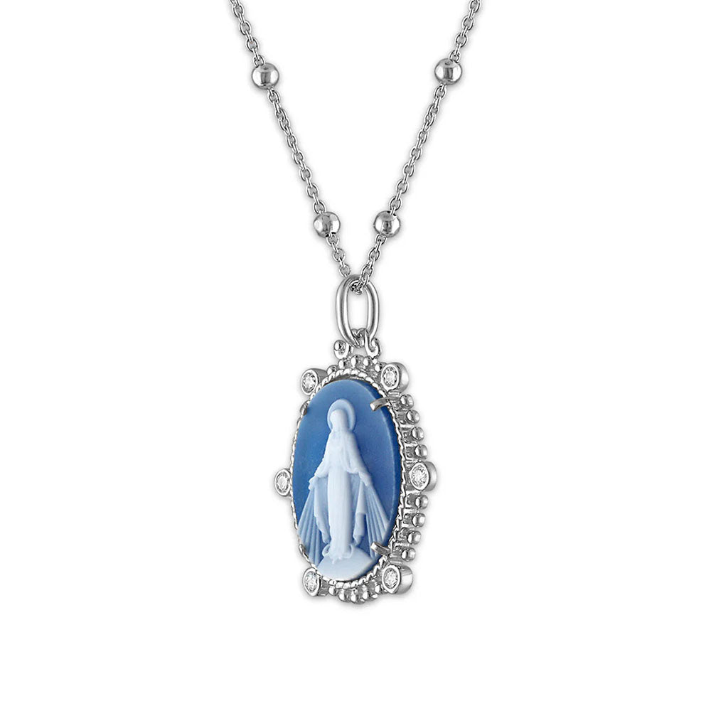 Necklace with blue Virgin Mary cameo pendant in silver setting and chain.