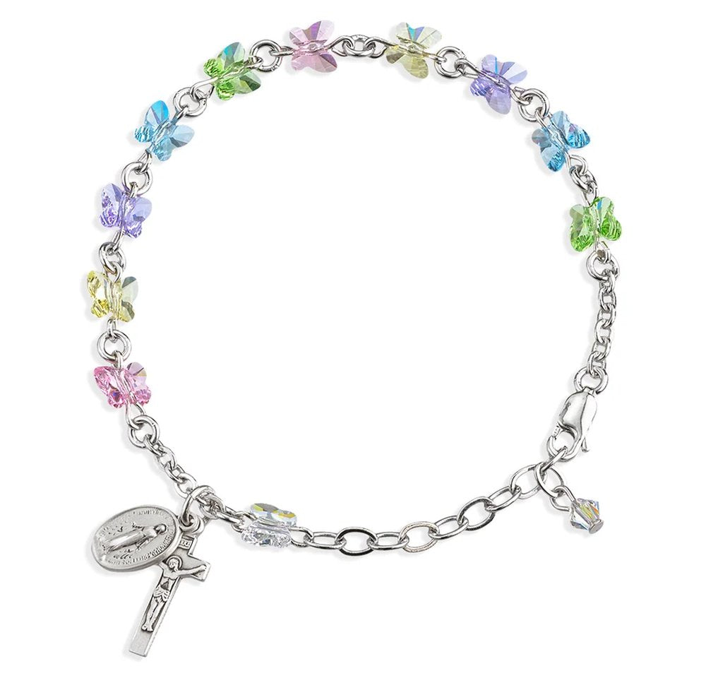 Multicolored Swarovski Crystal Butterfly Silver Rosary Bracelet