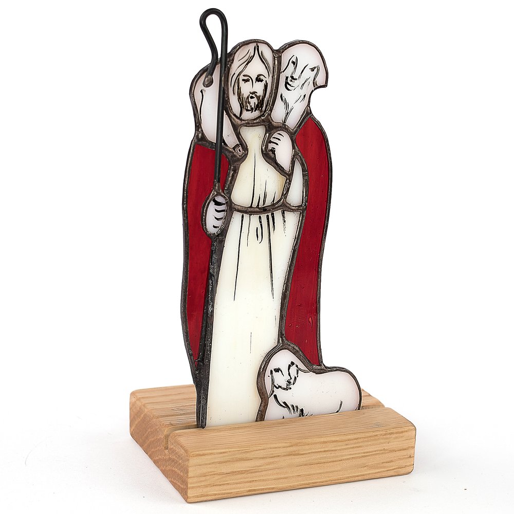 Handcrafted Christ the Good Shepherd Stained Glass Standing Plaque