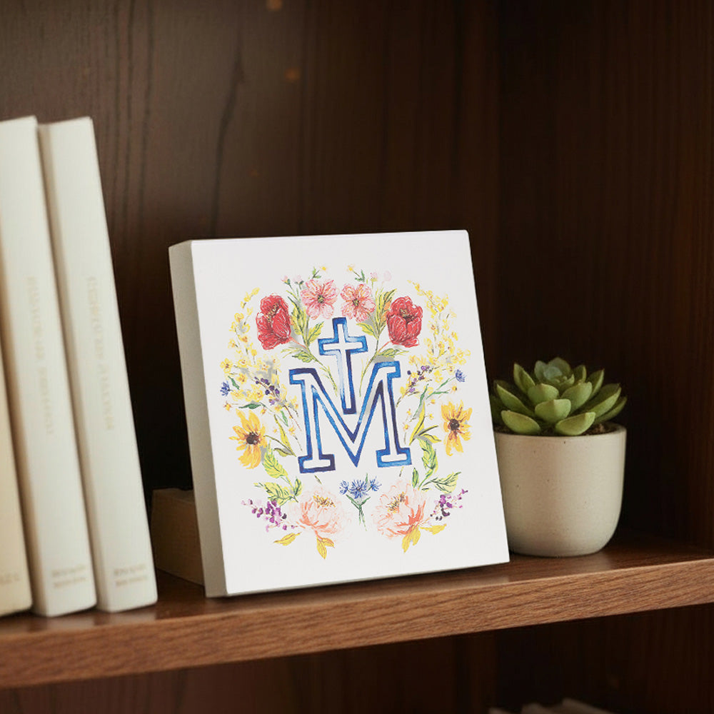 Floral Marian Cross Wood Block Sign