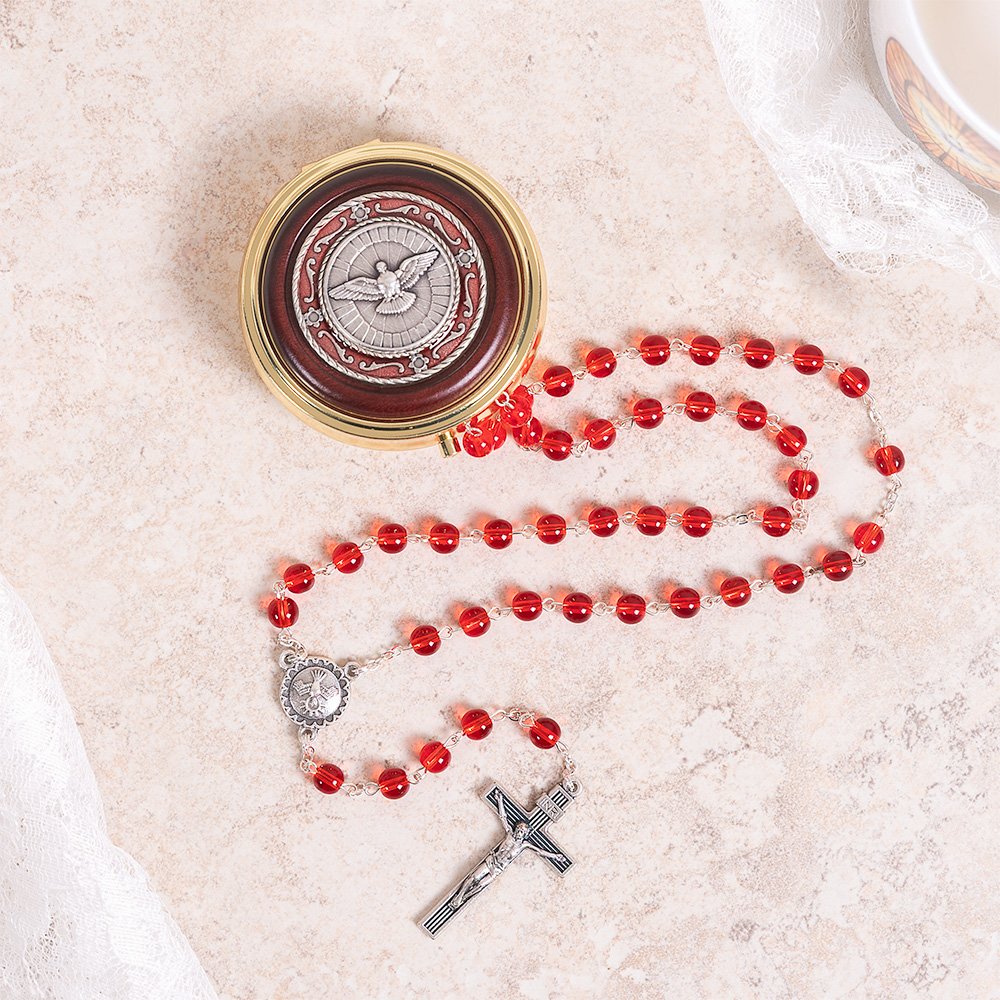 Red Glass Holy Spirit Rosary & Rosary Box Set
