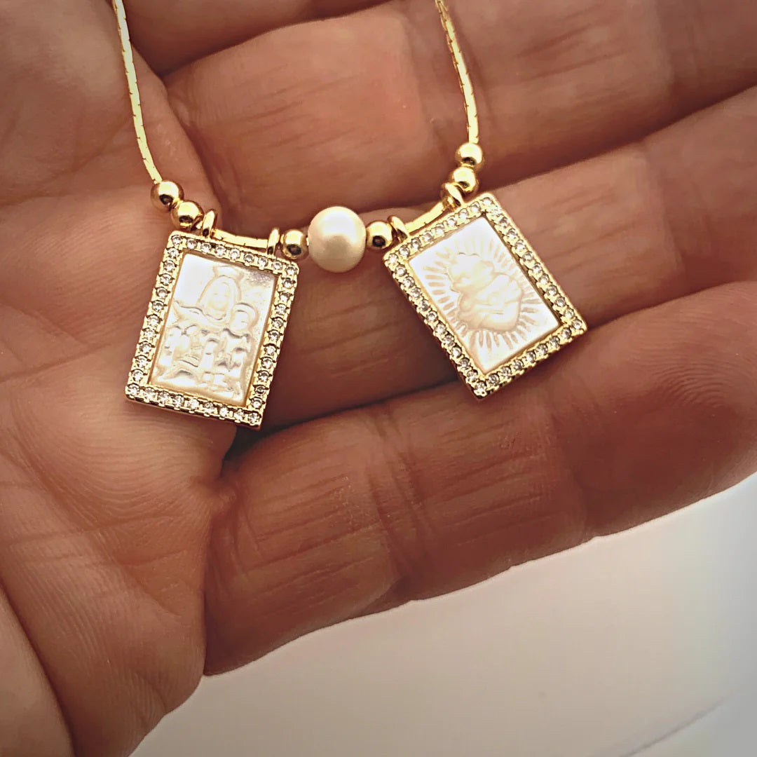 Mother of Pearl Cubic Zirconia Gold Scapular Necklace