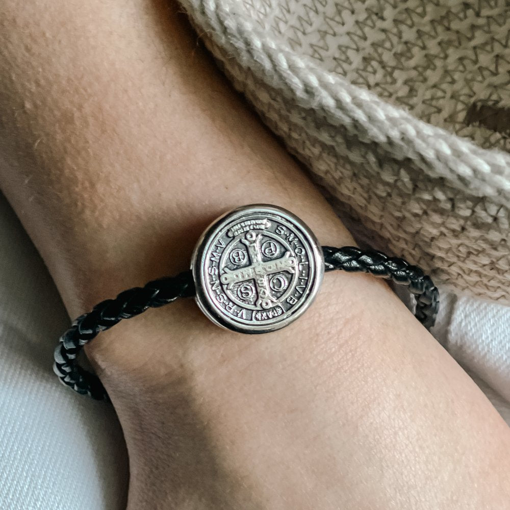Black Braided Leather St. Benedict Medal Bracelet