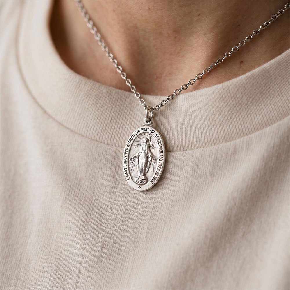 Pewter Miraculous Medal with 24" Chain