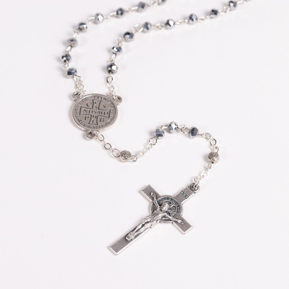 Italian Silver Glass St. Benedict Rosary & St. Benedict Rosary Box Set