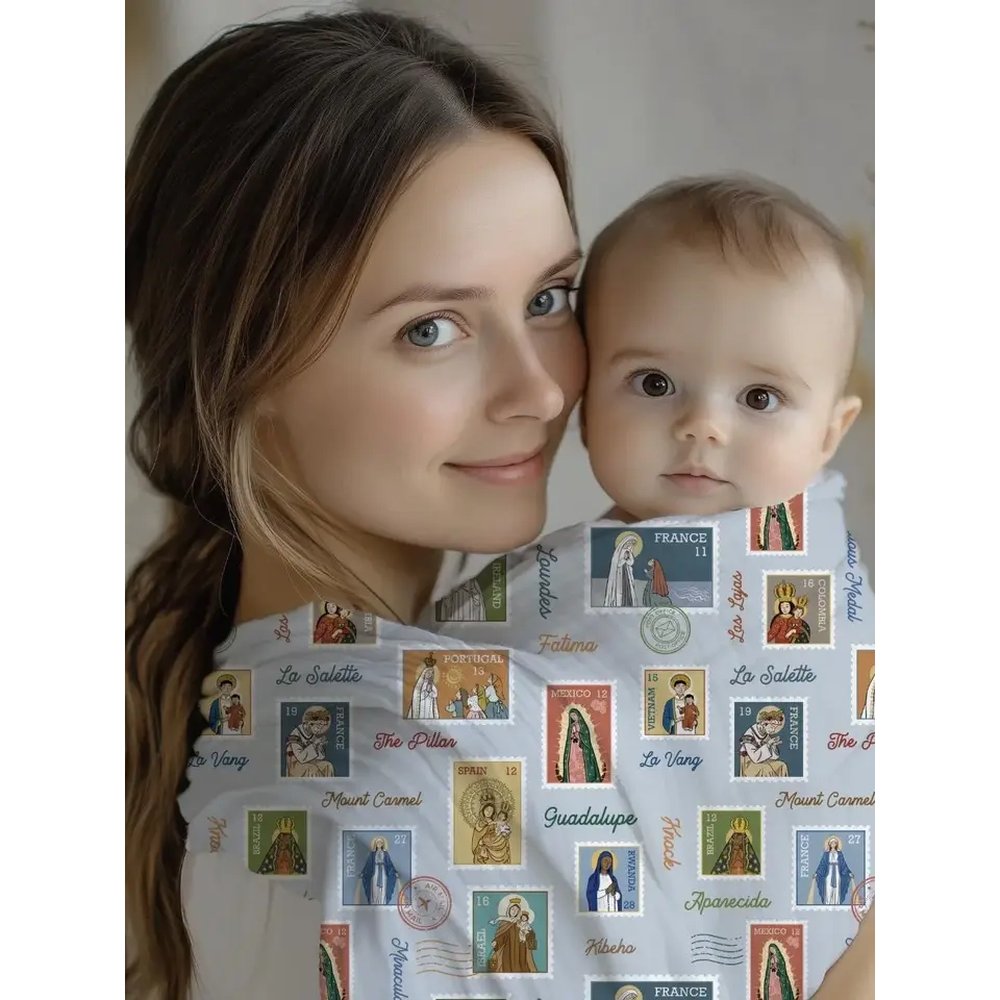 Marian Apparition Stamps Muslin Swaddle Blanket