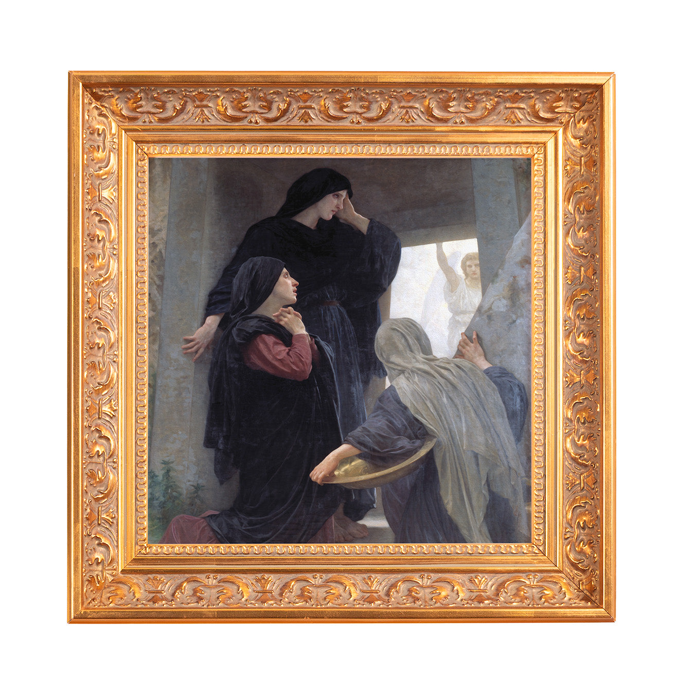 Painting depicts three women at a tomb, in a gold ornate frame.