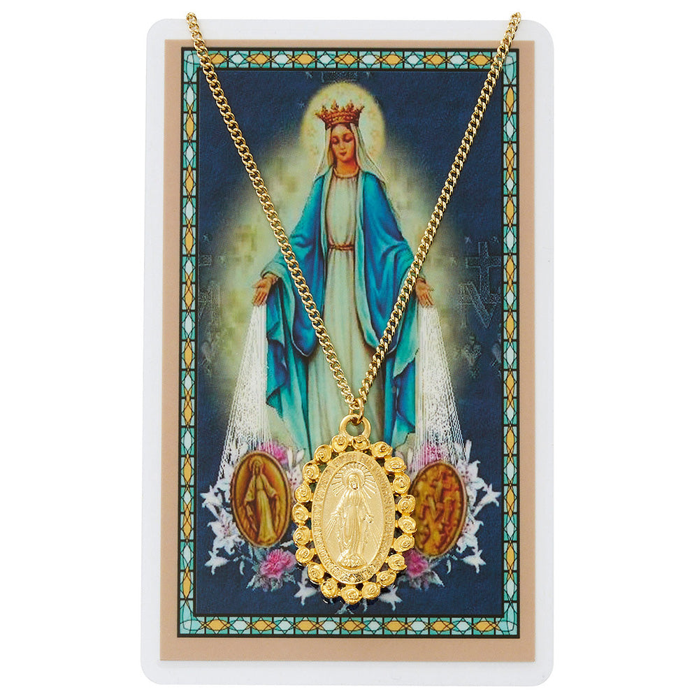 Spanish Miraculous Medal Necklace & Prayer Card