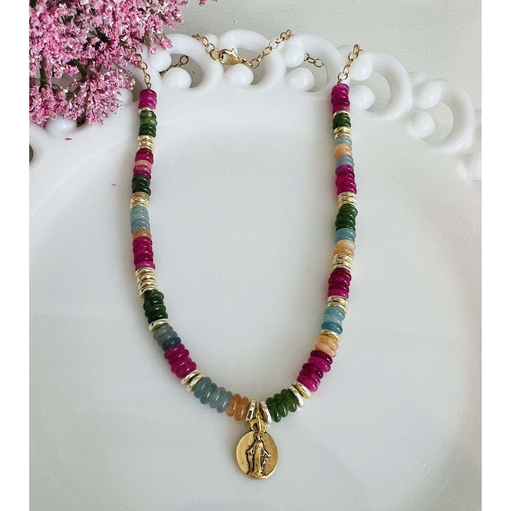 Miraculous Mary Necklace with Colorful Rondelle Gemstones