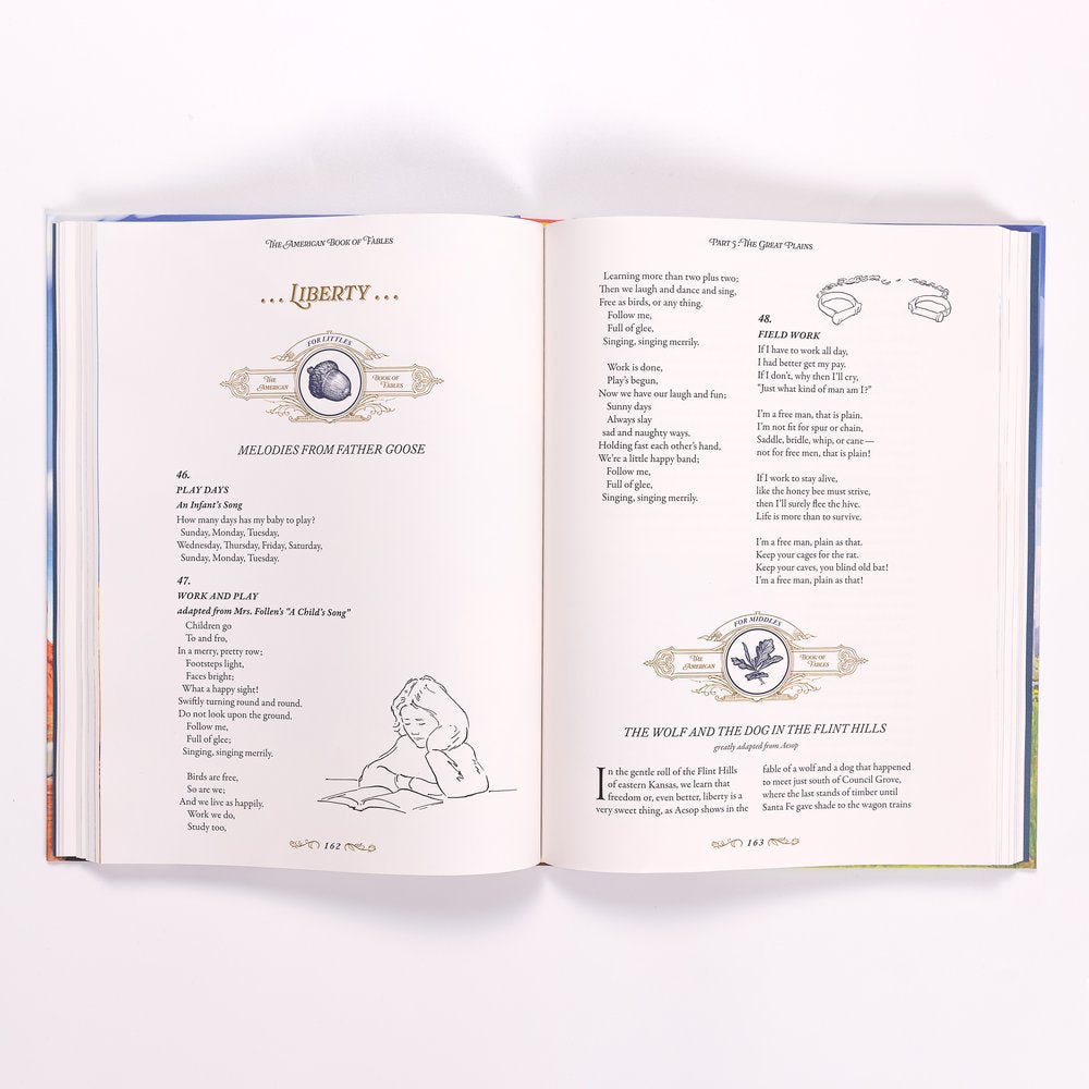 Open book showing vintage-style children's poems and illustrations on white pages with black text and line drawings.
