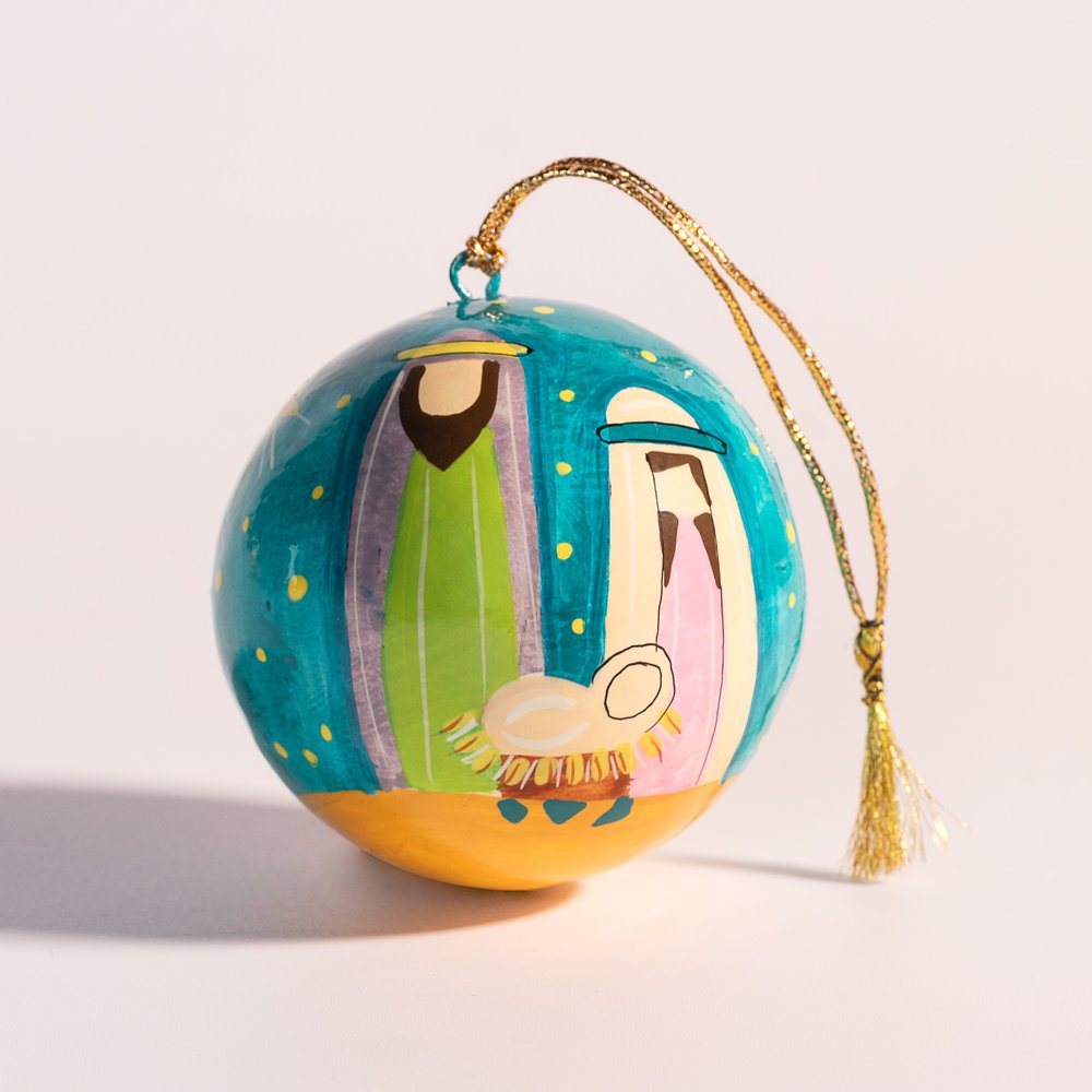 Blue Papier-Mâché Nativity Ornament
