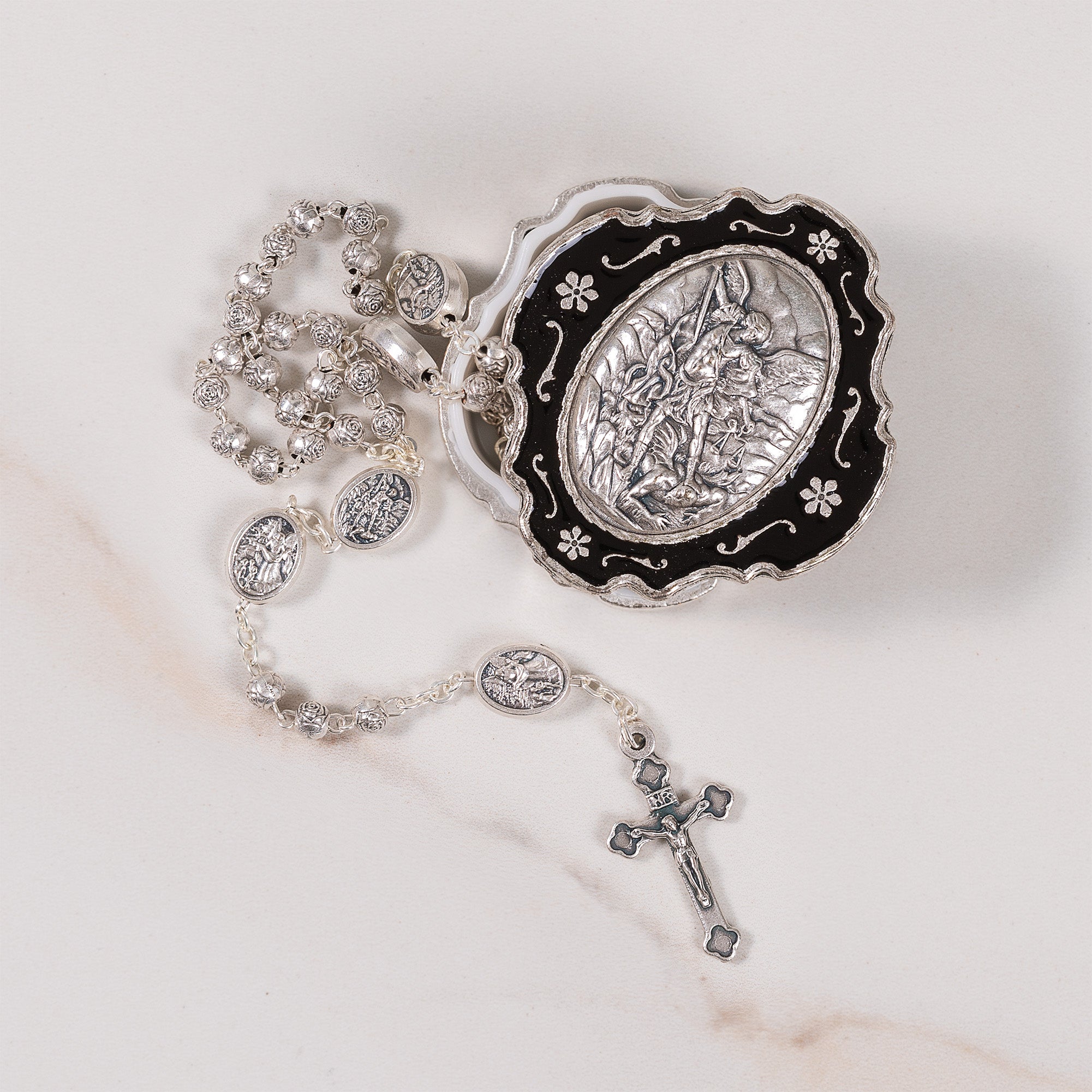 St. Michael Rosary in Silver & Black Enamel Box