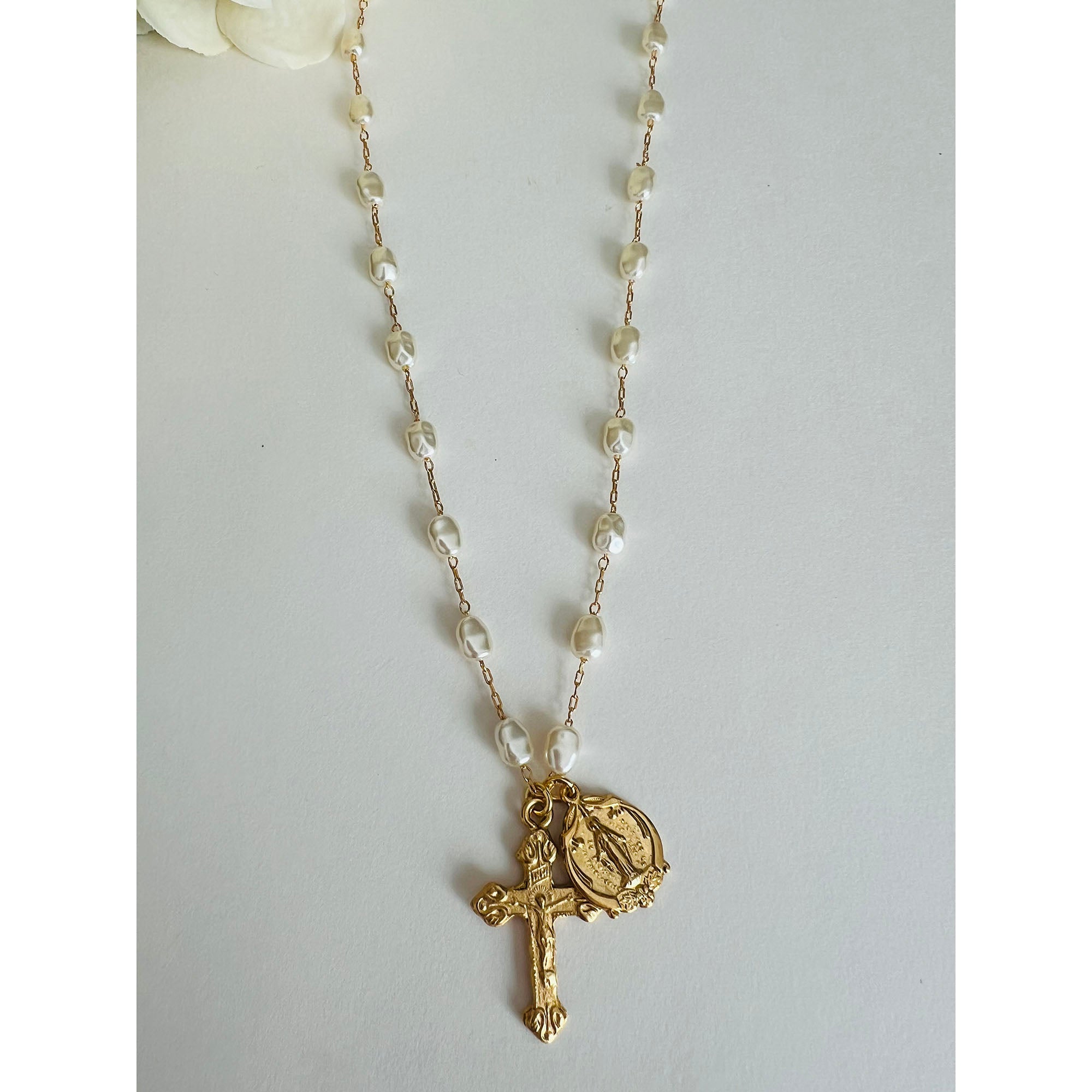 Gold & Freshwater Pearl Miraculous Mary & Crucifix Necklace