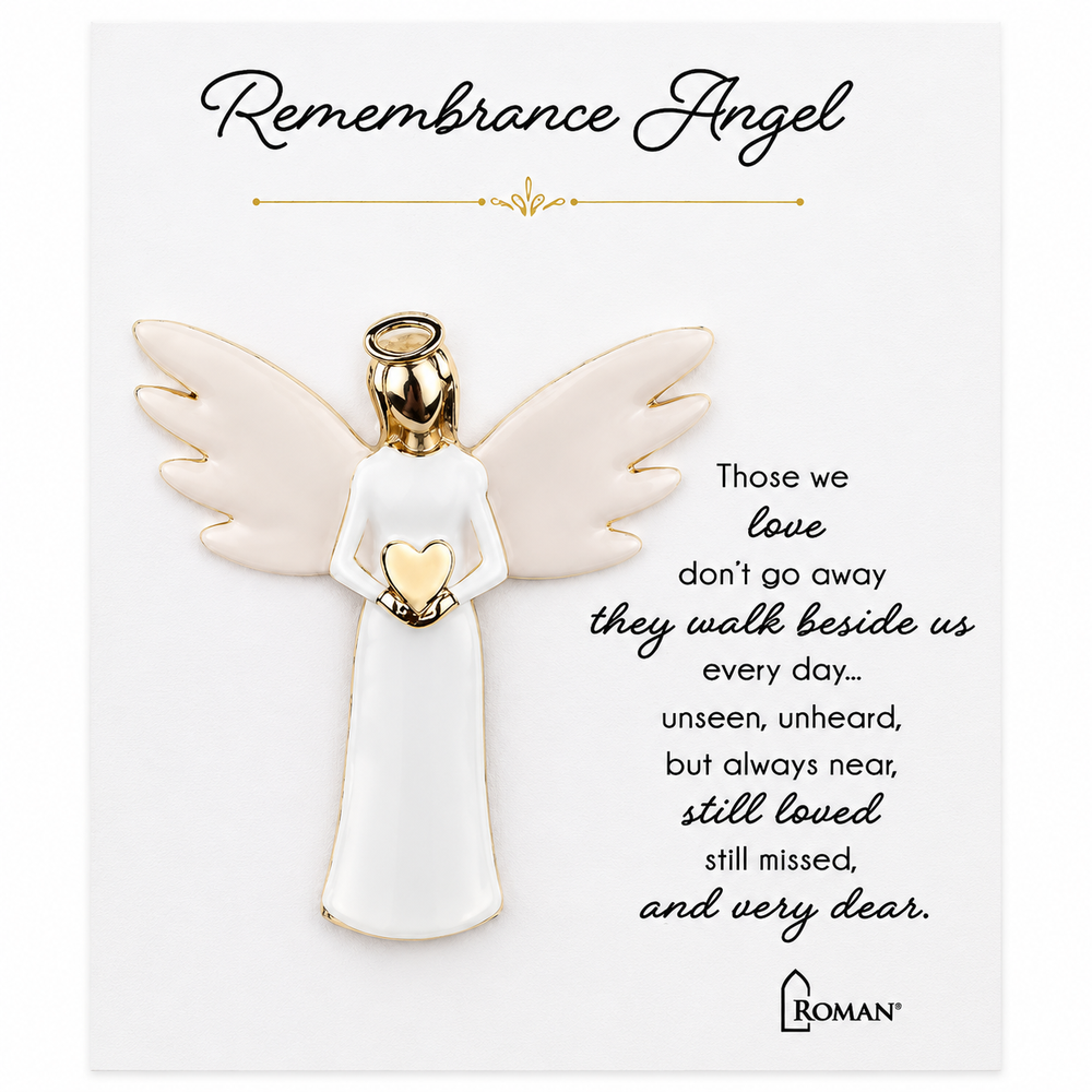 Remembrance Angel pin with gold accents, white enamel, and a heart, meant for remembrance and comfort.