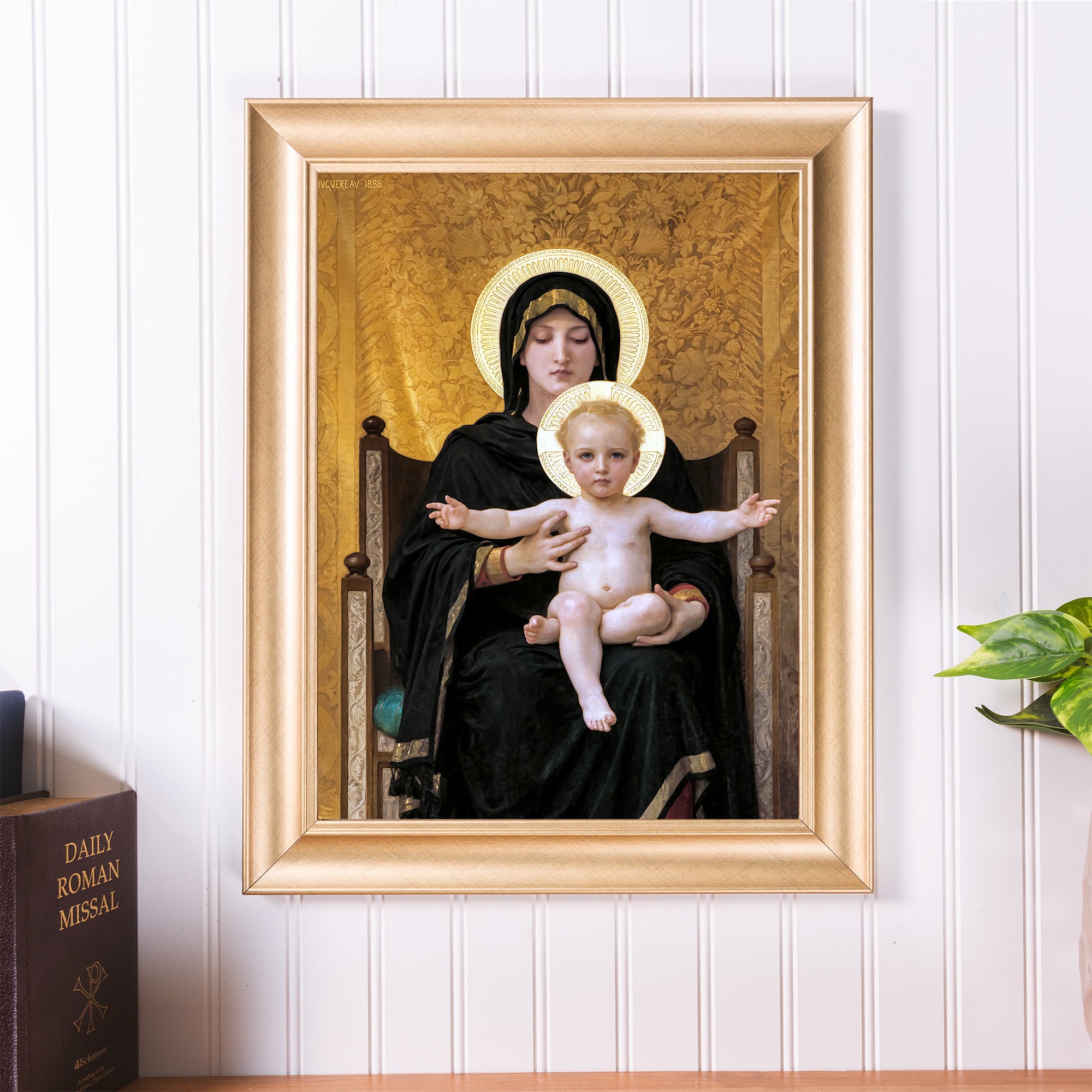 Framed art print of Madonna and Child, gold frame, religious decor.