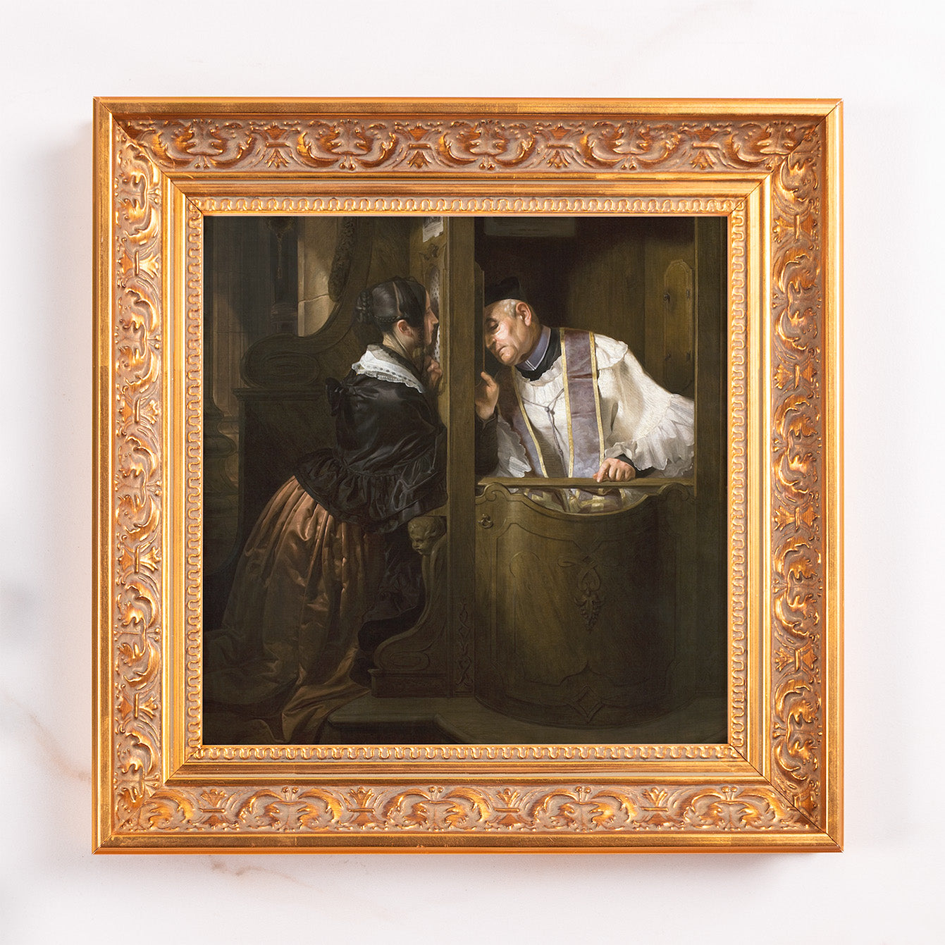Framed painting of a woman confessing to a priest, gold frame.