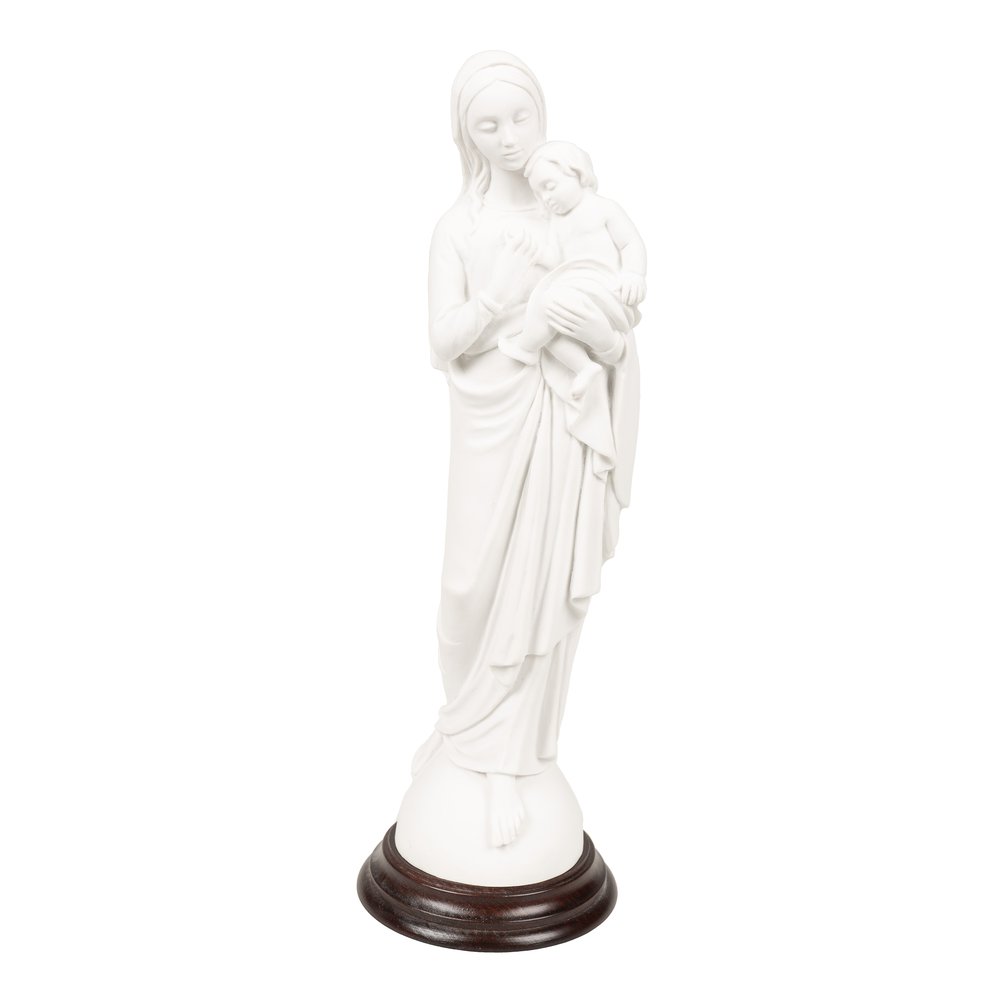 White Madonna & Child Statue on Wood Base - 12"