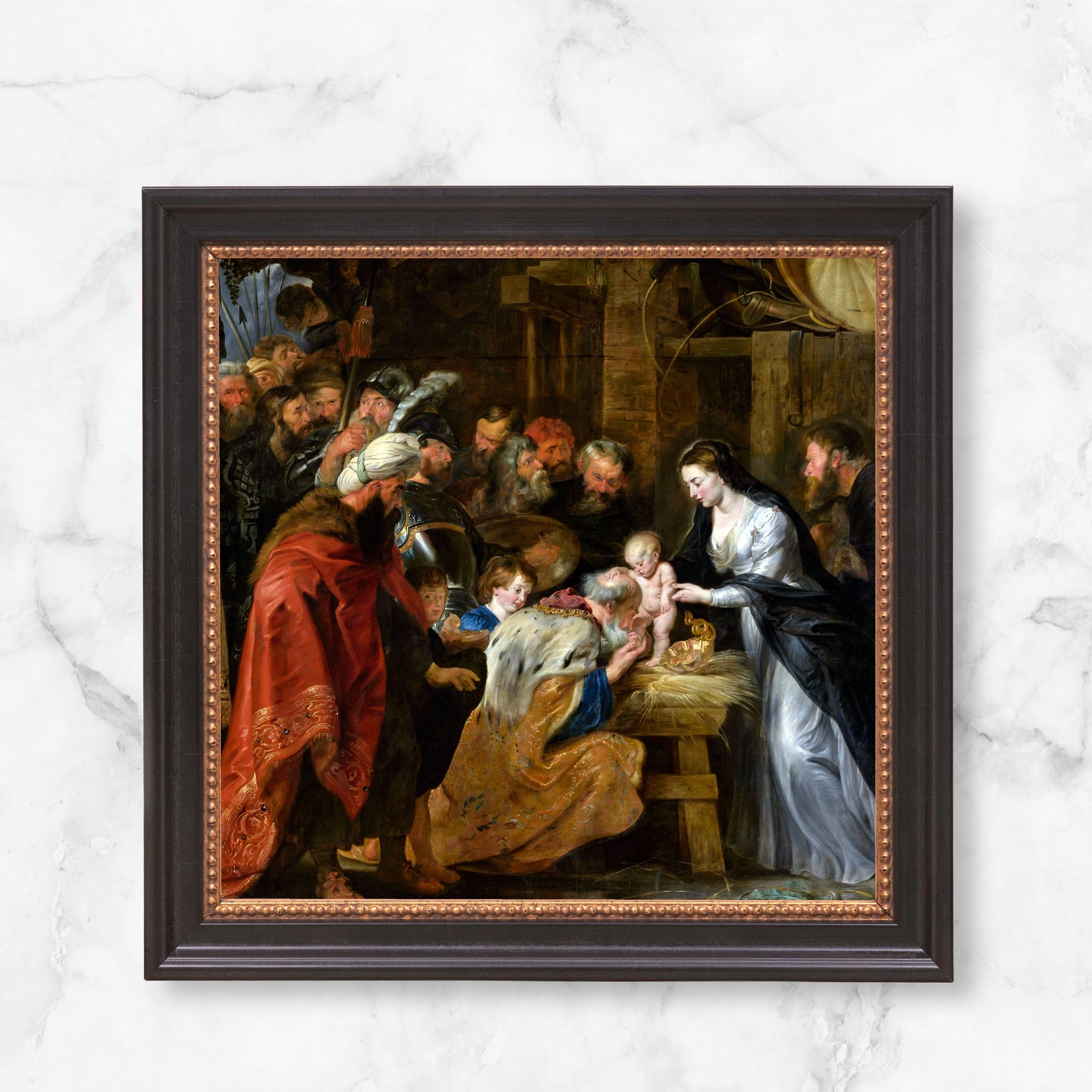Framed Reproduction of the Adoration of the Magi, oil painting depicting the Nativity scene with rich colors.