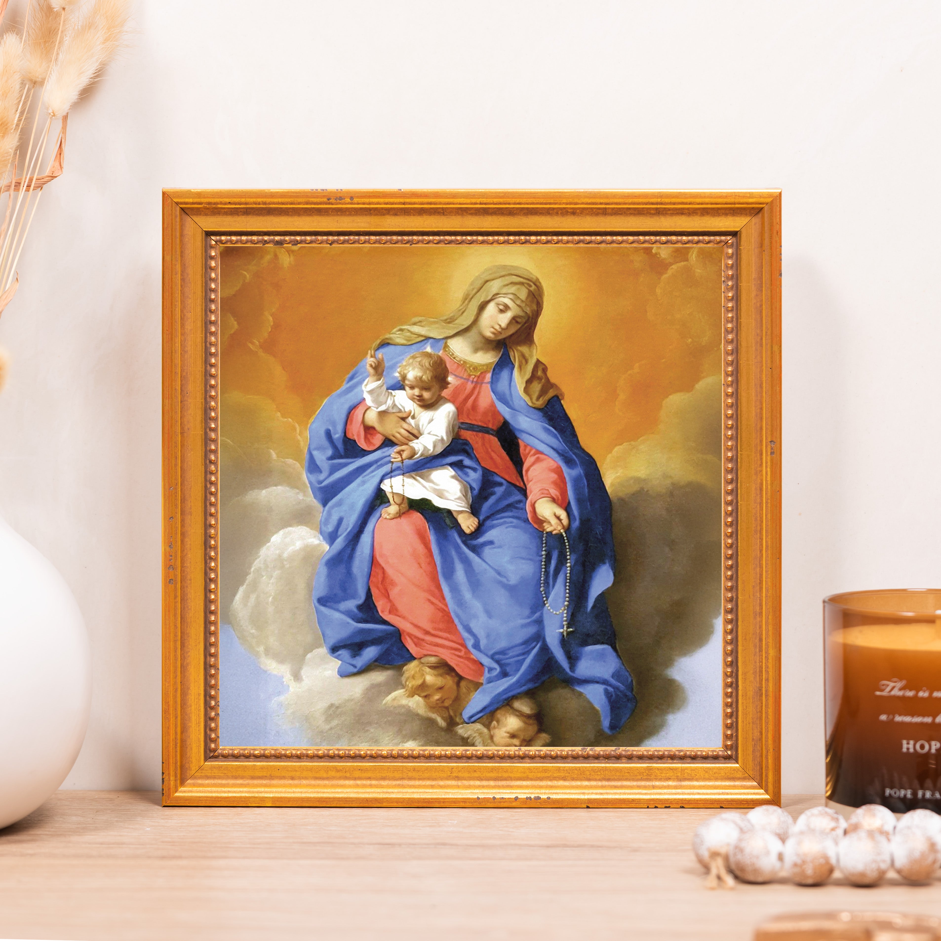 Framed art print of Mary and Baby Jesus with a gold frame.