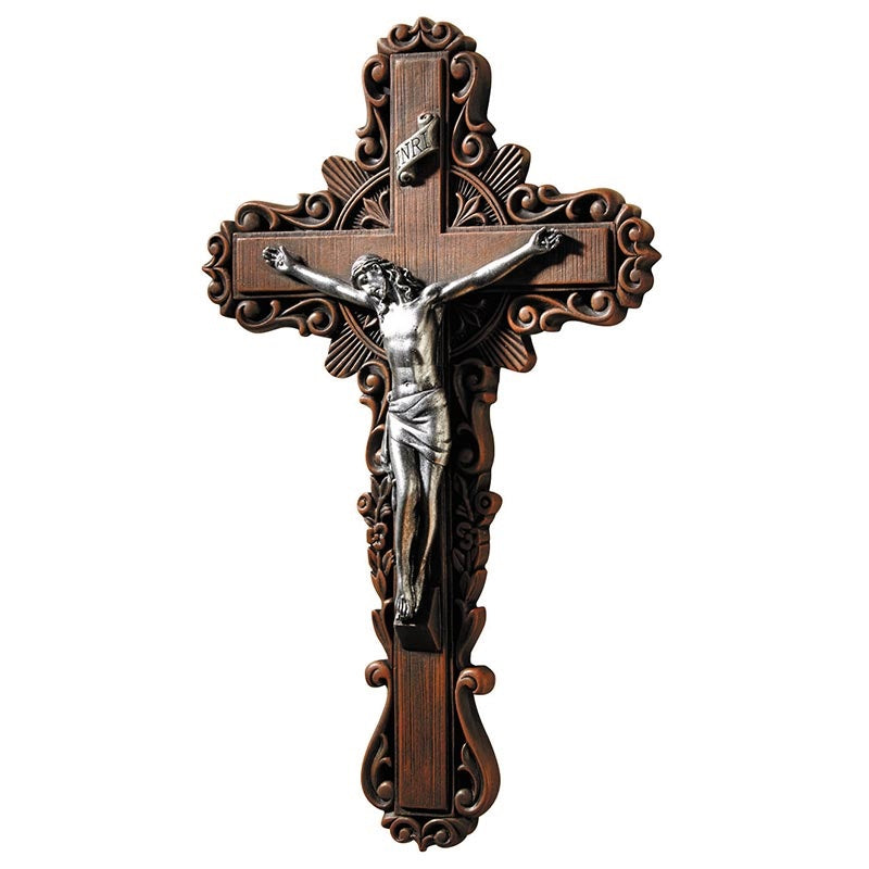 Ornate Wood Look Sunburst Crucifix - 10"