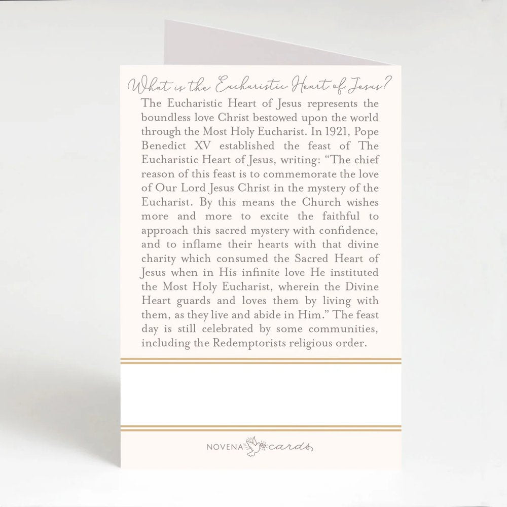 White Novena card describing the Eucharistic Heart of Jesus with gold details.