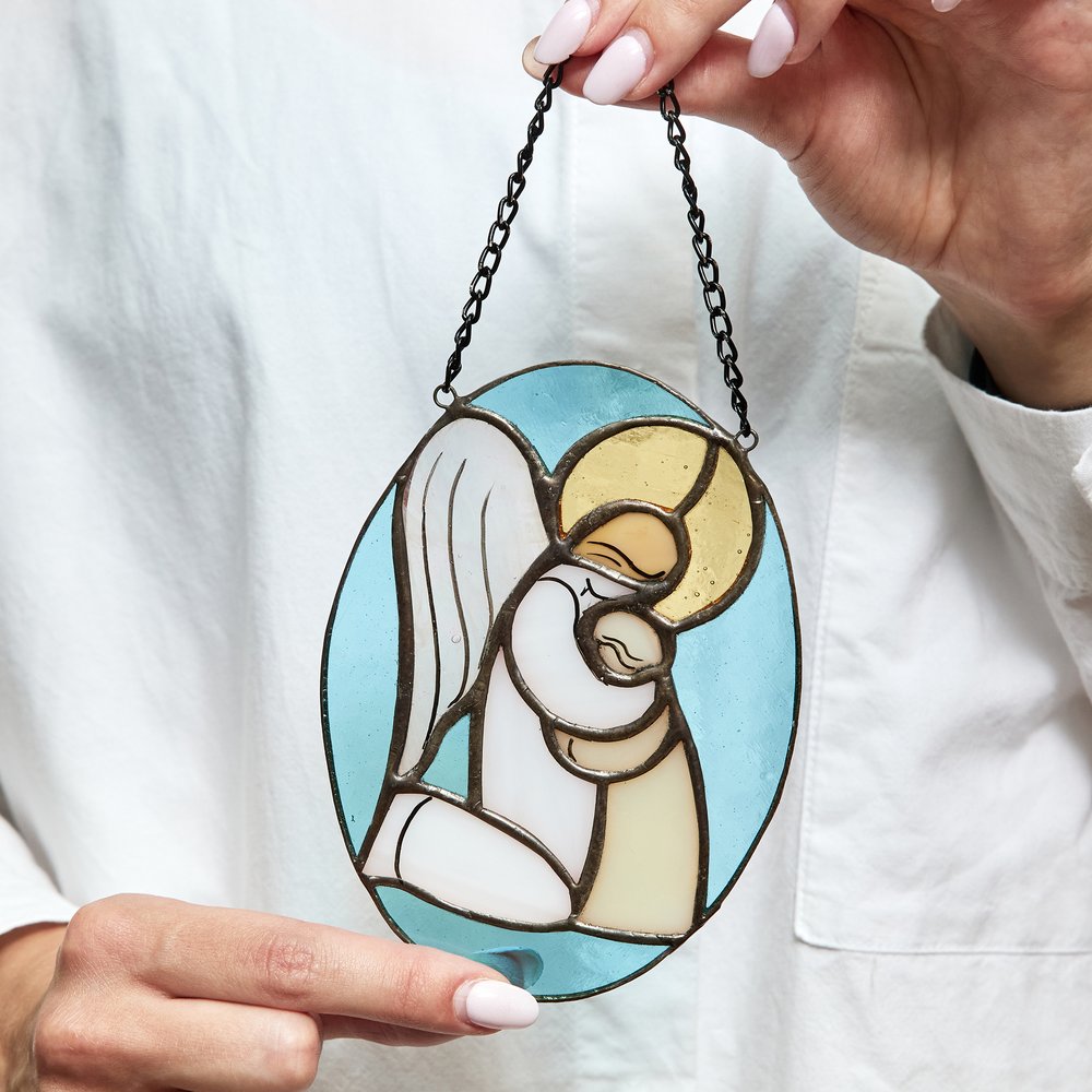 Handcrafted Guardian Angel Hug Stained Glass Suncatcher