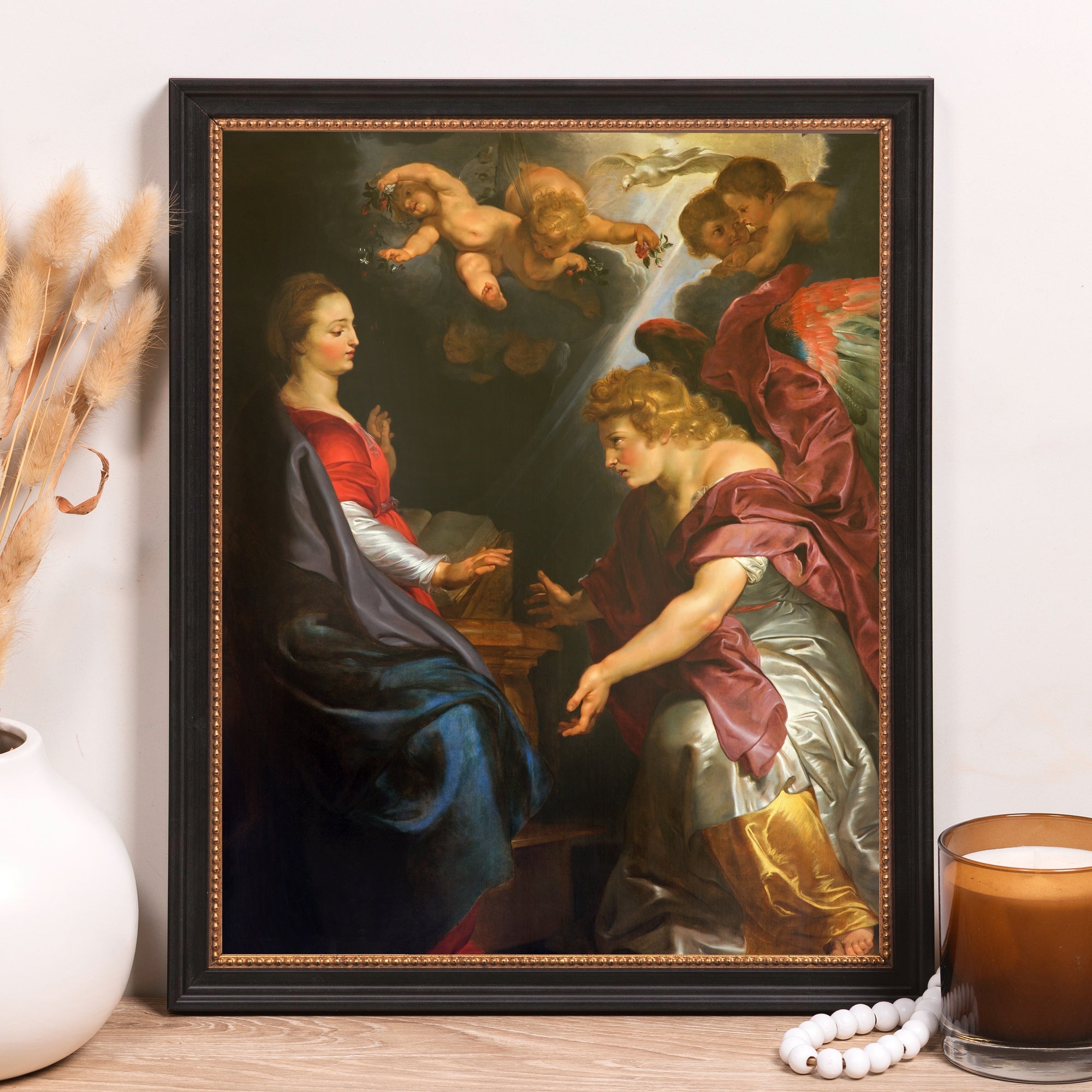 Framed "Annunciation" print depicts Mary and an angel in the Baroque style.