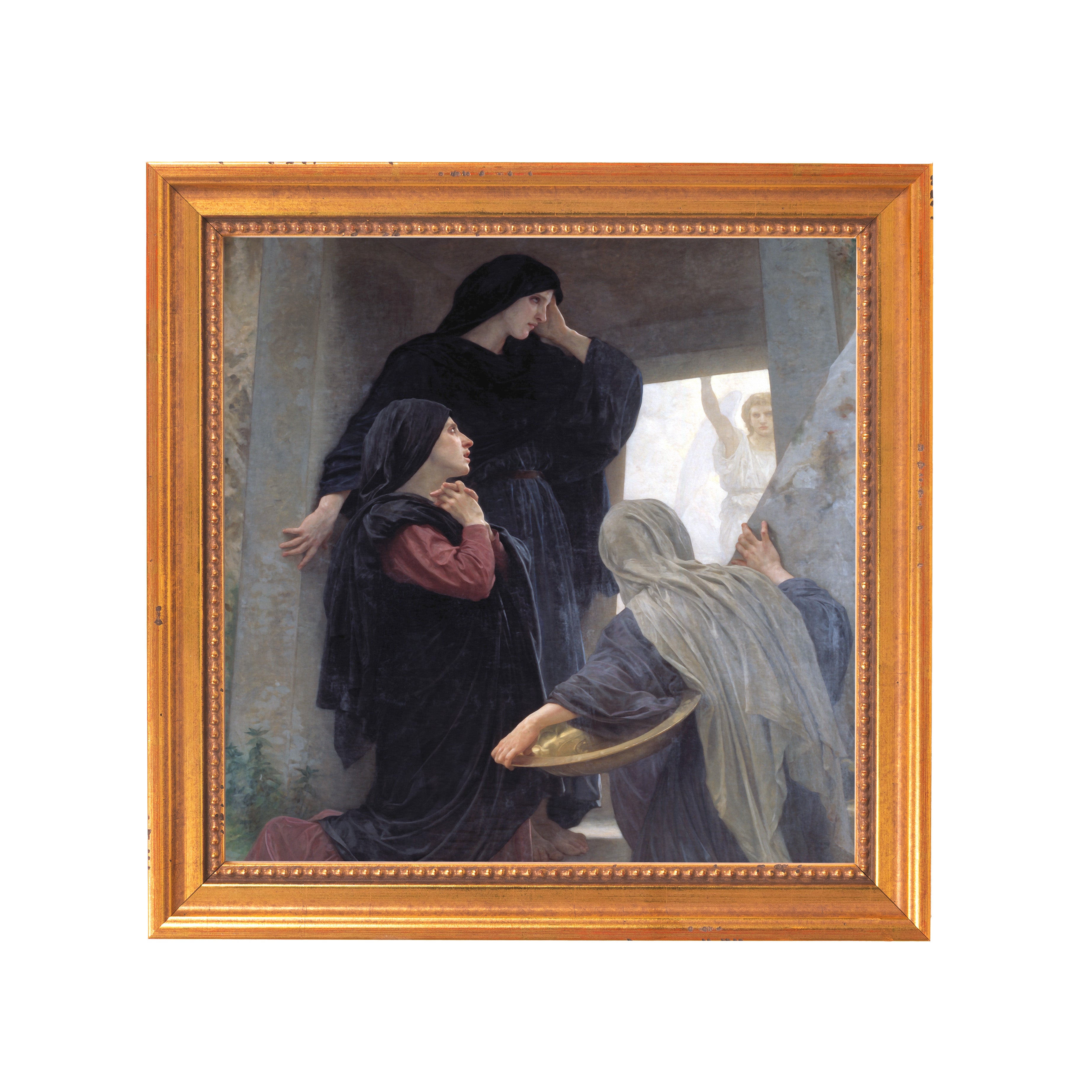 Framed painting of women mourning at a tomb in muted colors with an ornate gold frame.