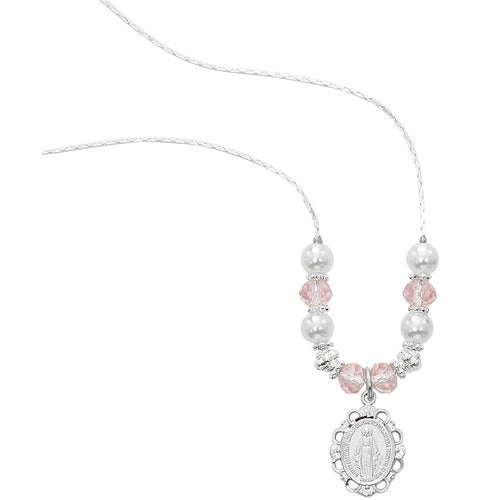 Pearl & Pink Crystal Miraculous Medal Necklace