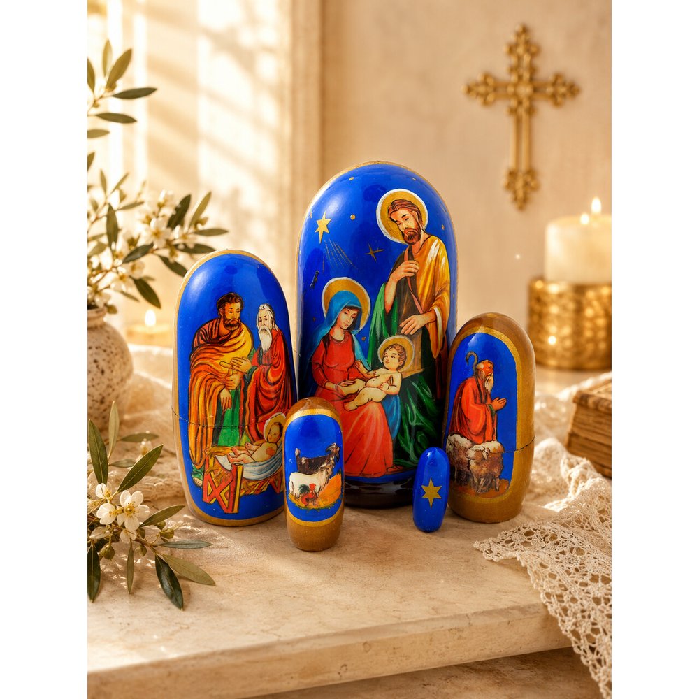 Handcrafted Nativity & Adoration of the Shepherds Russian Nesting Dolls - Set of 5