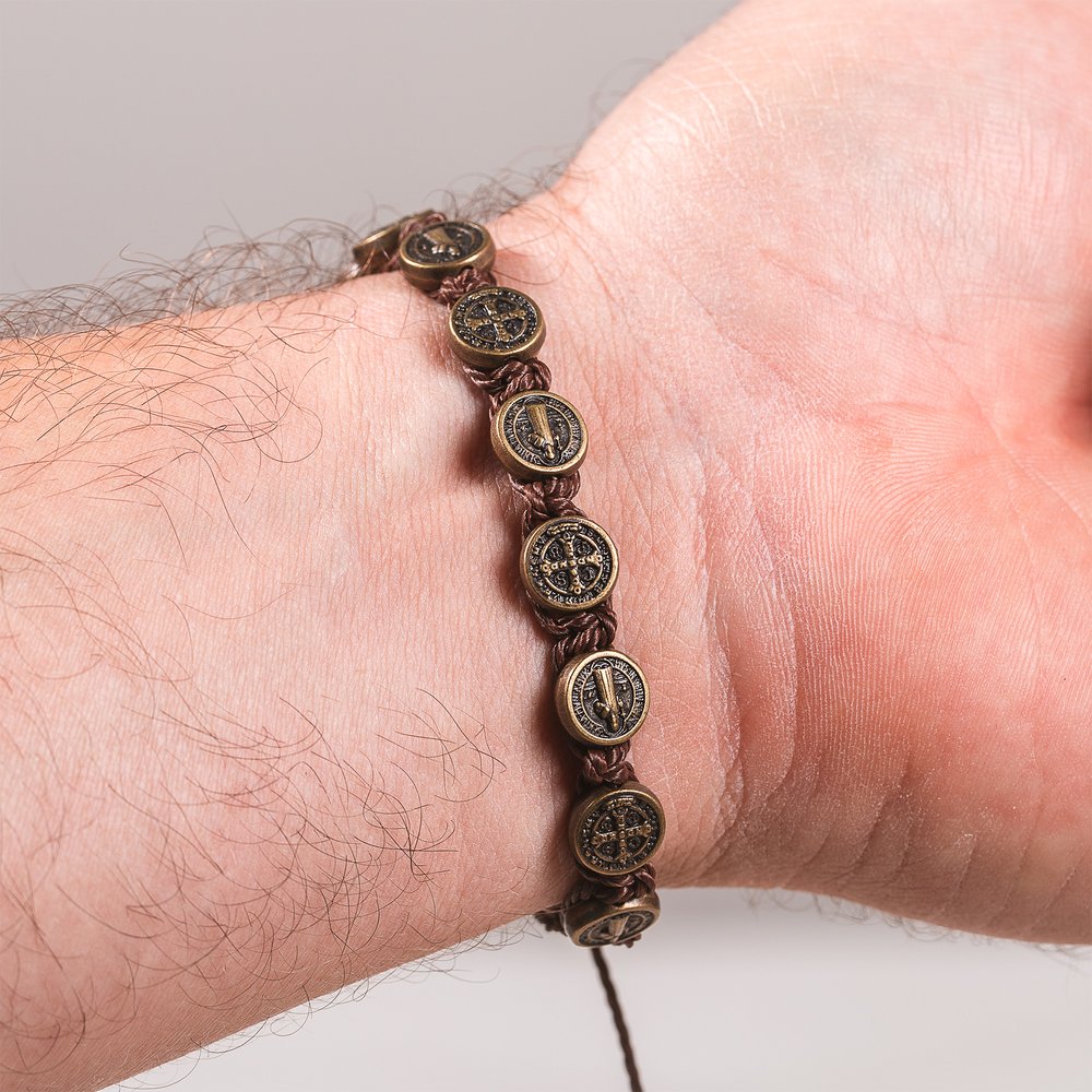 Brown Cord Bronze Finish St. Benedict Bracelet
