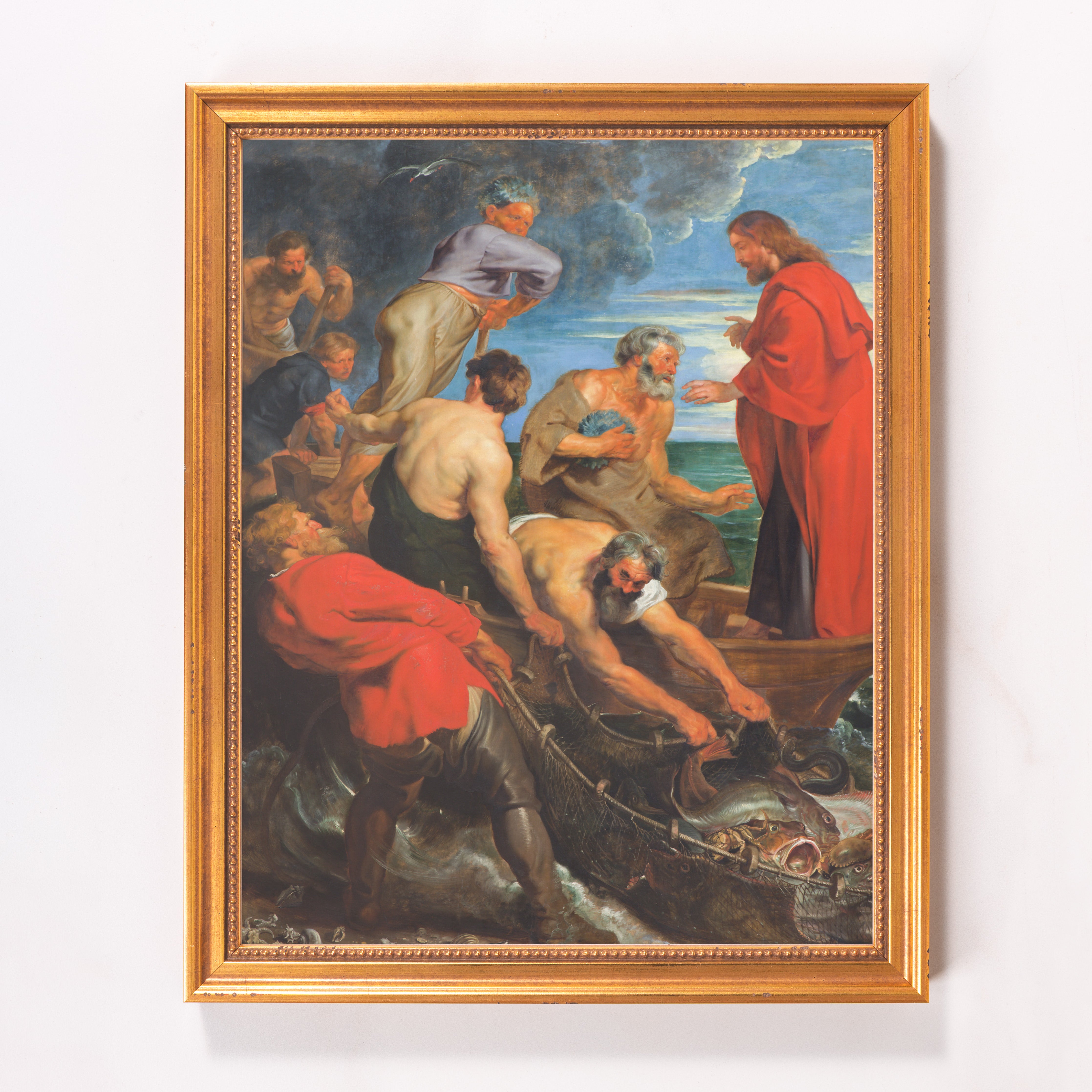 Framed Painting depicting biblical scene, with oil paint style and gold frame.