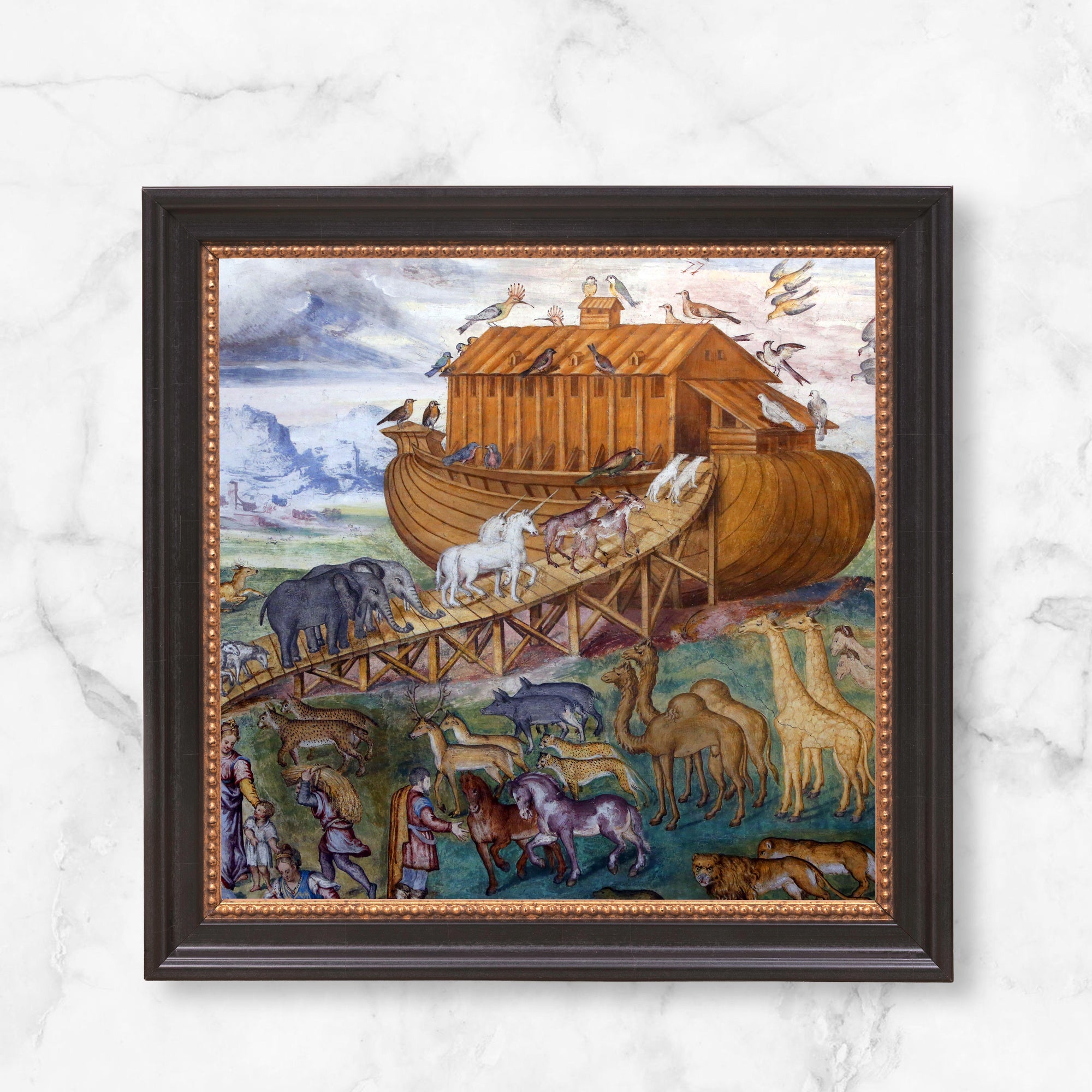 Framed Noah's Ark print; old masters style, earth-tone colors depict animals entering a wooden boat.