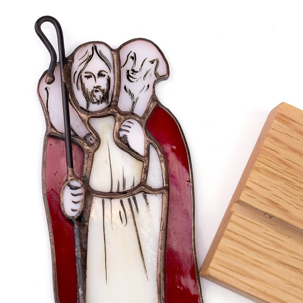 Handcrafted Christ the Good Shepherd Stained Glass Standing Plaque