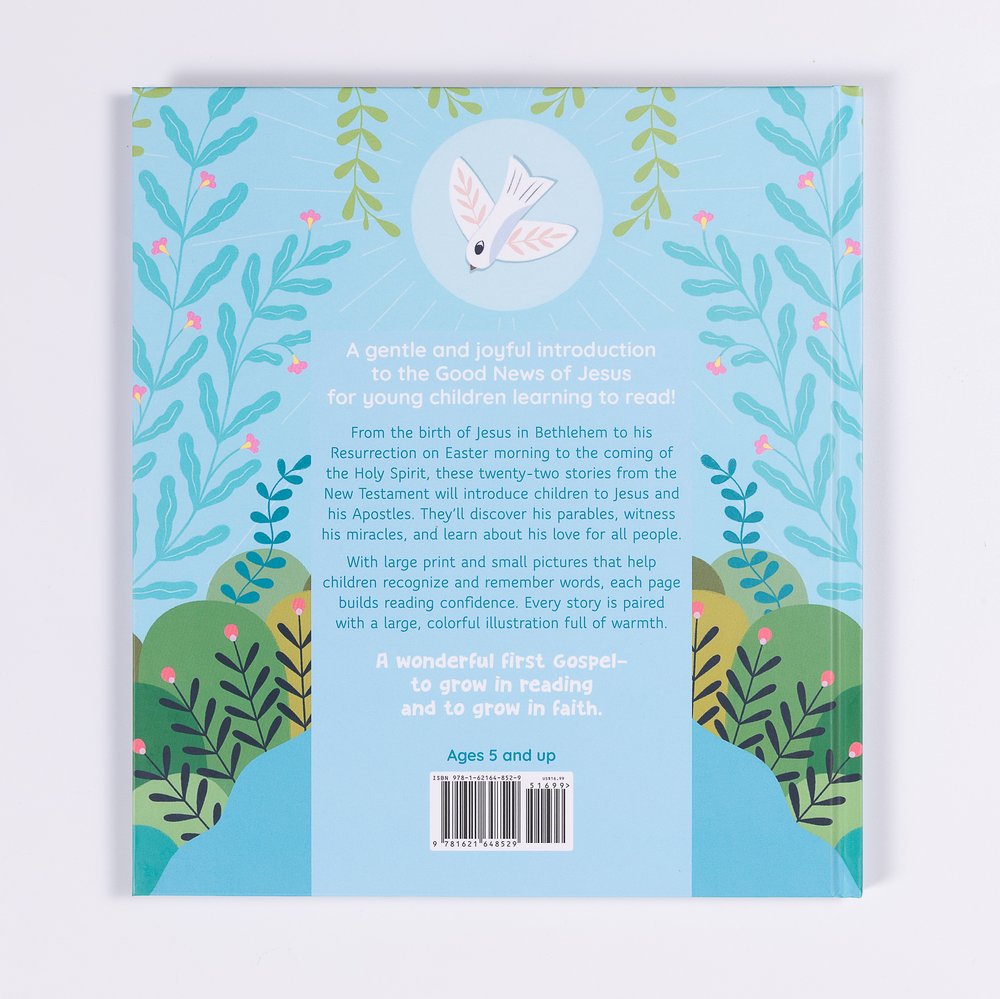 Children's book back cover with blue foliage and dove illustration.