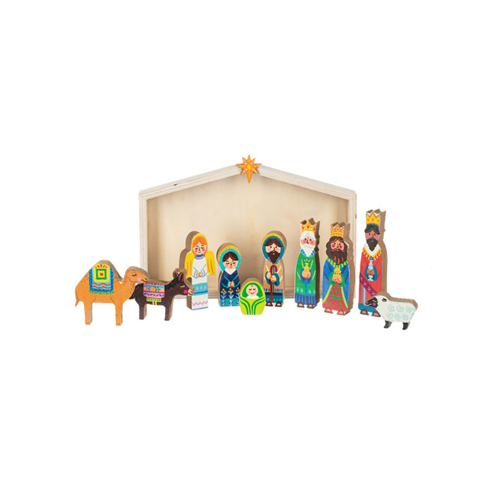 Joyful & Bright Kids Wooden Nativity Scene with Creche Box - 11 Pieces