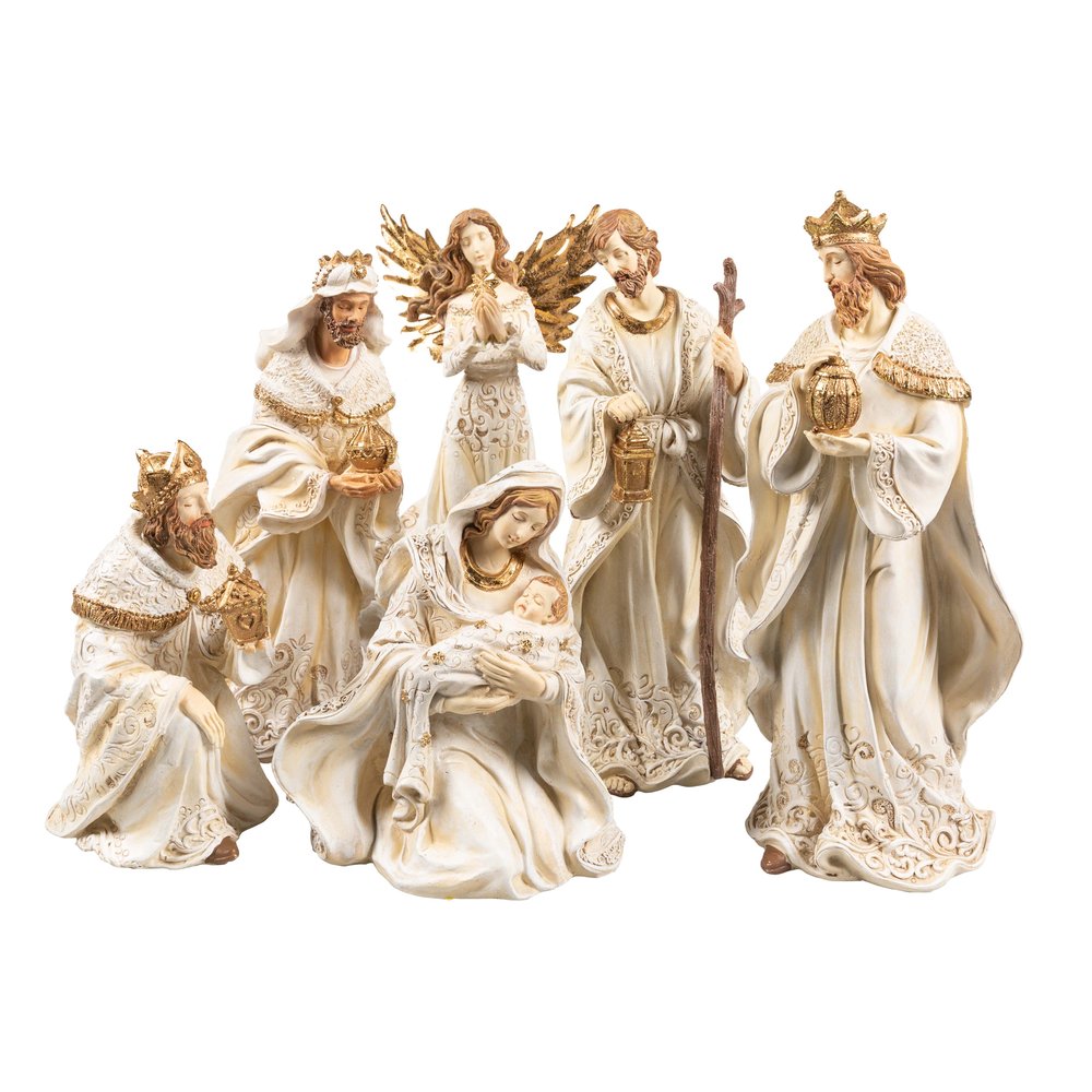 Ivory and Gold Lace Pattern Nativity - 6 Pieces