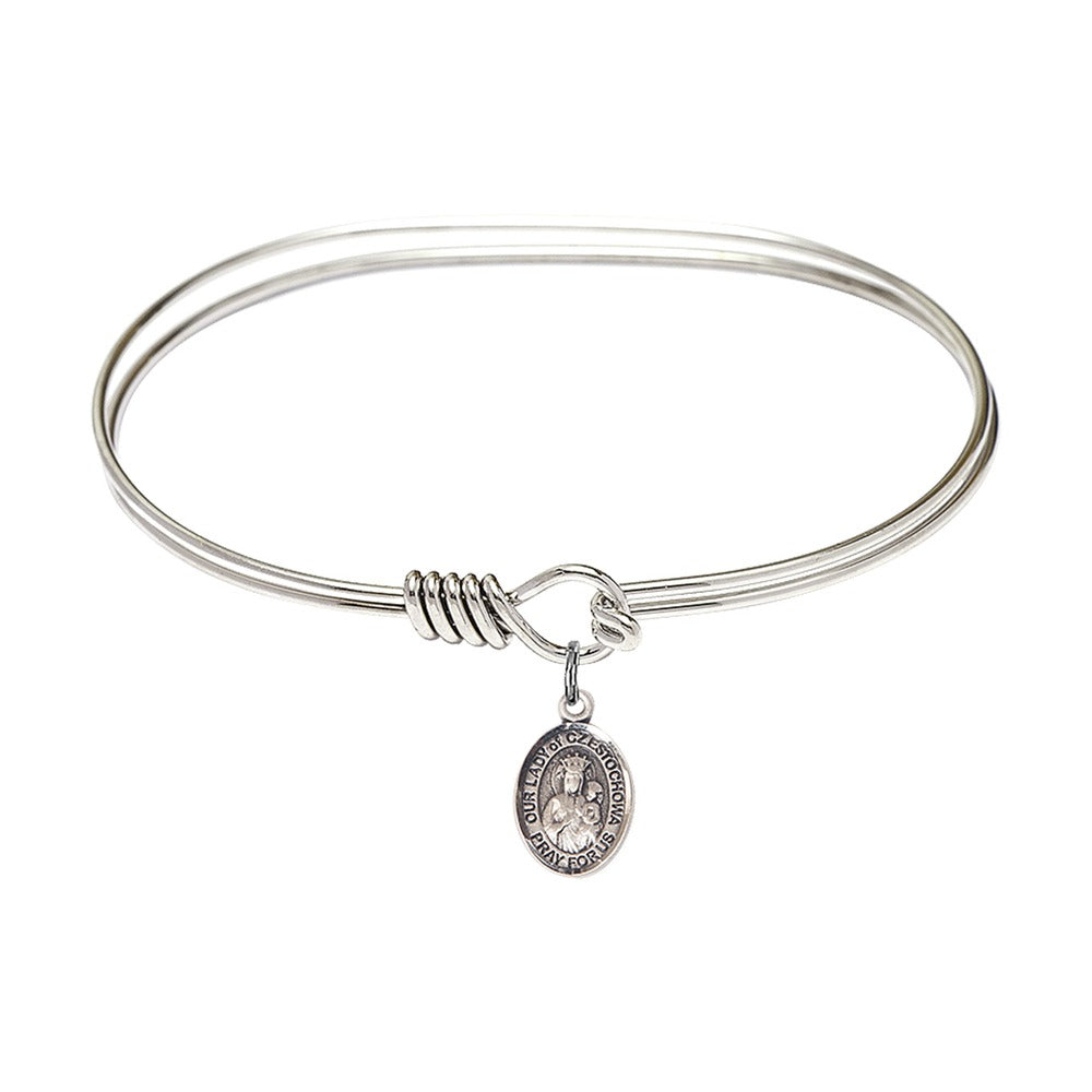 Adult 7" Oval Rhodium Plated Bangle with Our Lady of Czestochowa Medal