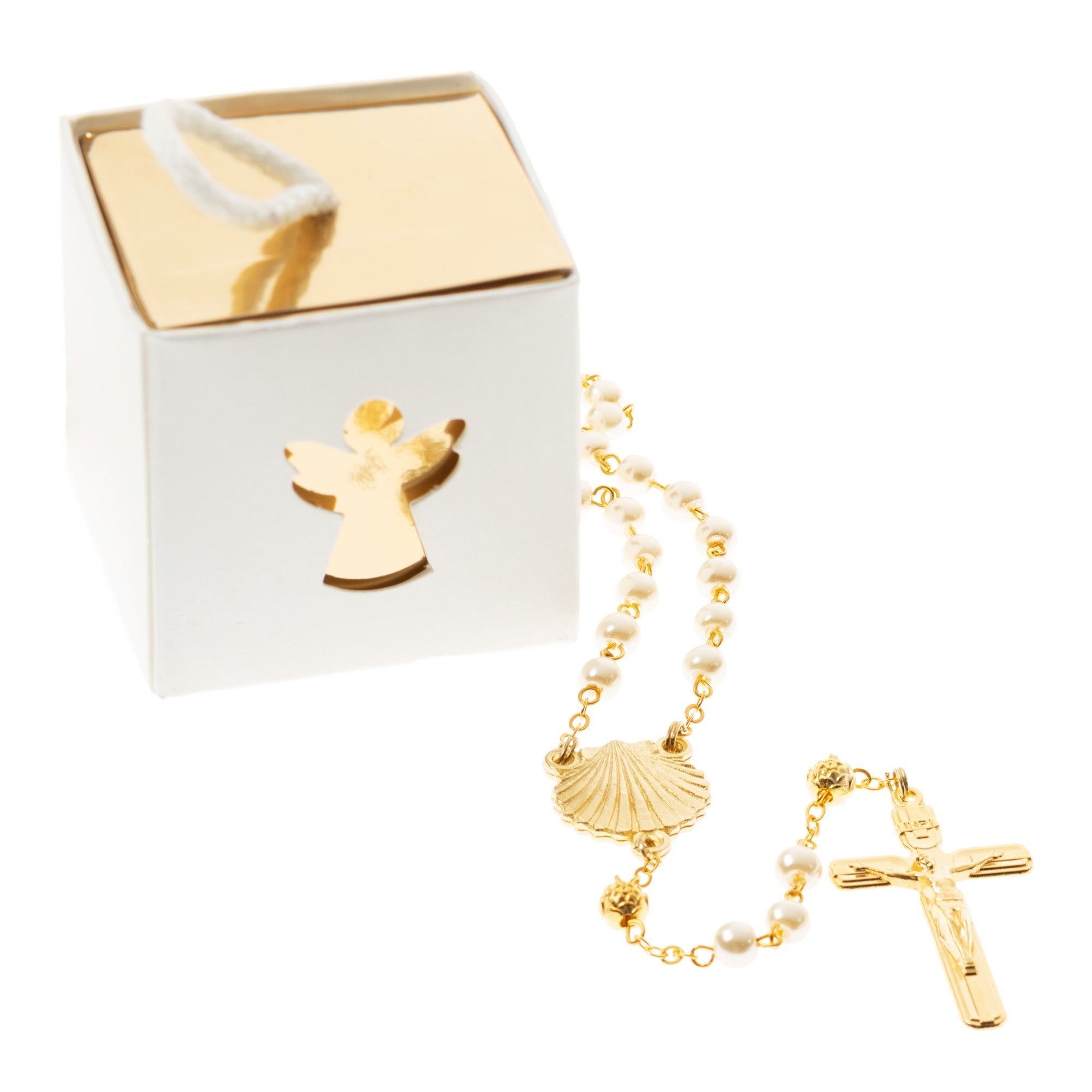 Baptism Pearl Rosary in Small Angel Box