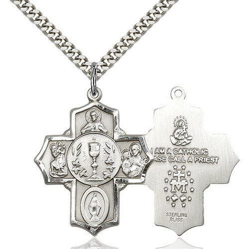 Sterling Silver 5-Way Eucharistic Cross Necklace - 24"