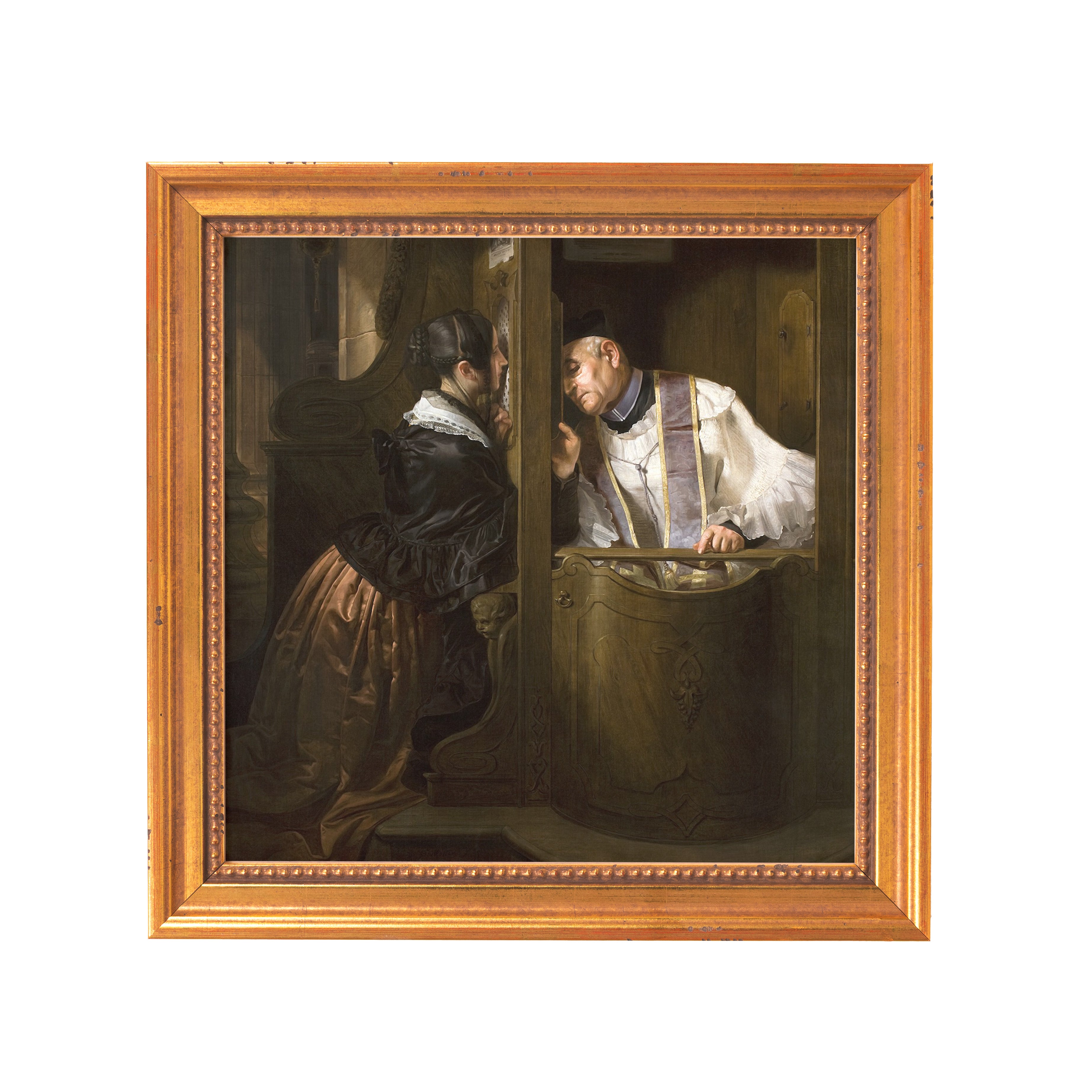 Framed oil painting of confession scene between woman and priest in wooden booth.