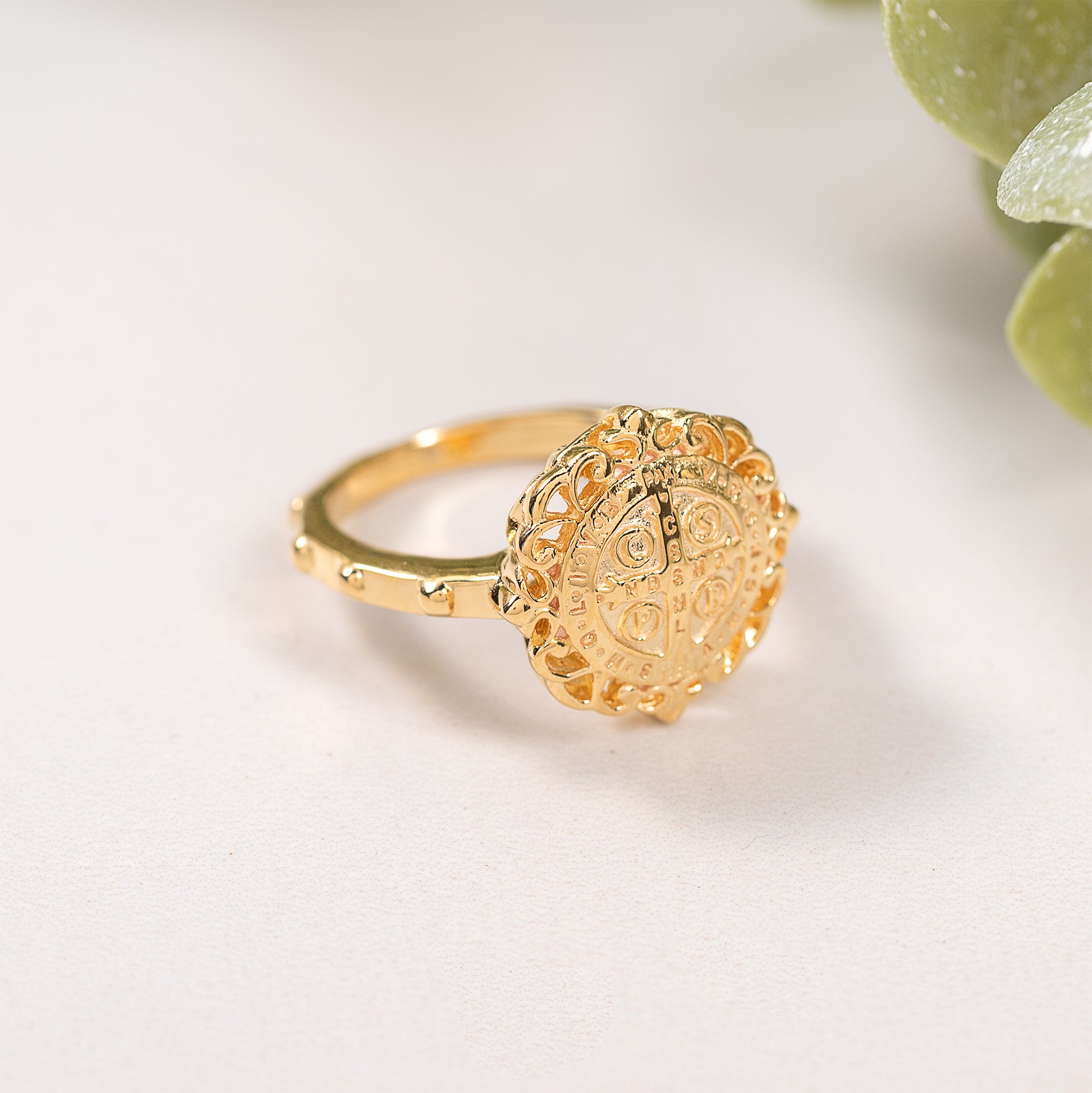 Gold Over Sterling Silver St. Benedict Filigree Rosary Ring