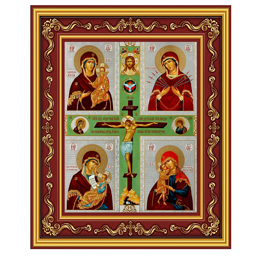 Gilded Crucifixion & 4 Marian Images Icon