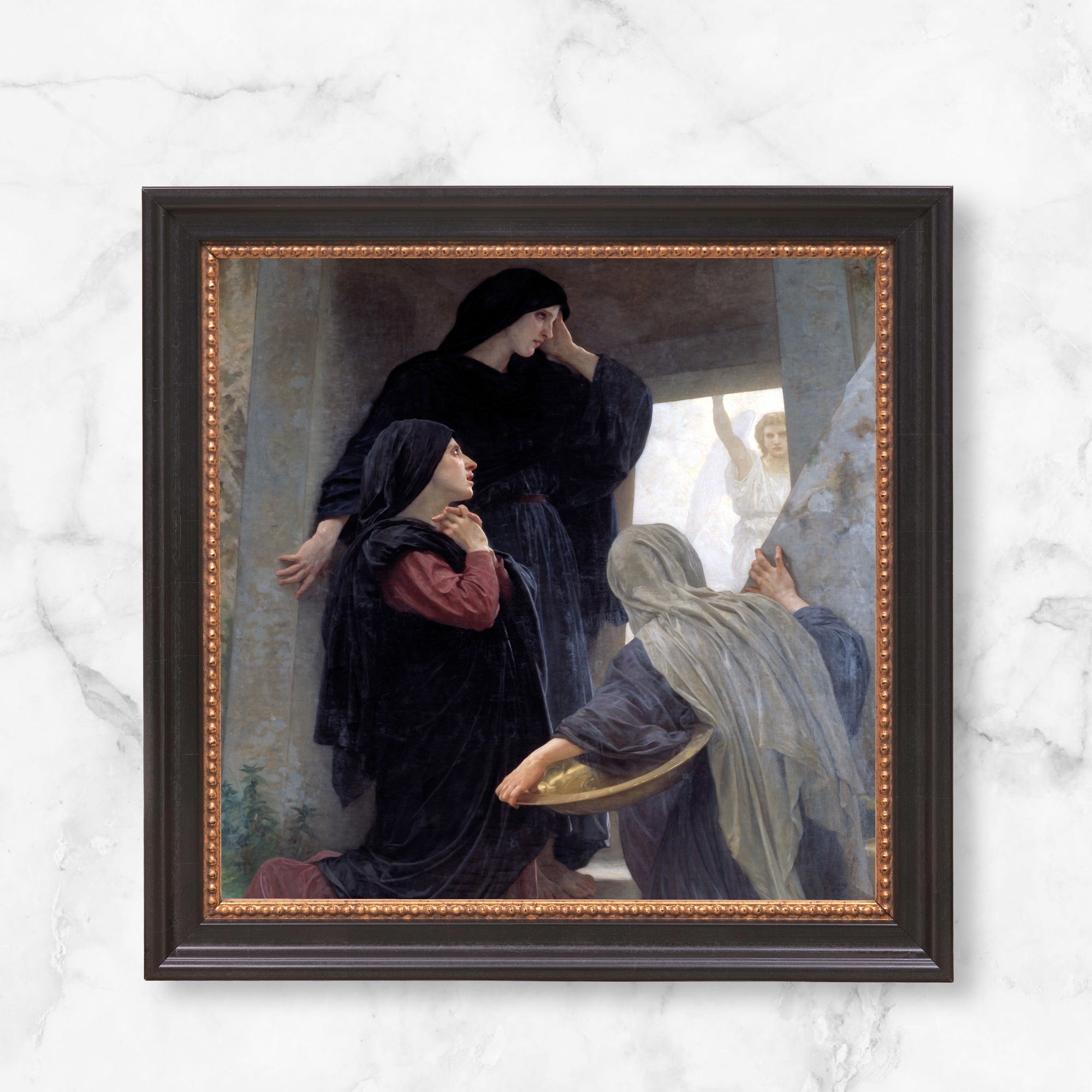Framed historical painting shows women mourning, with black clothing and light-colored stone background.