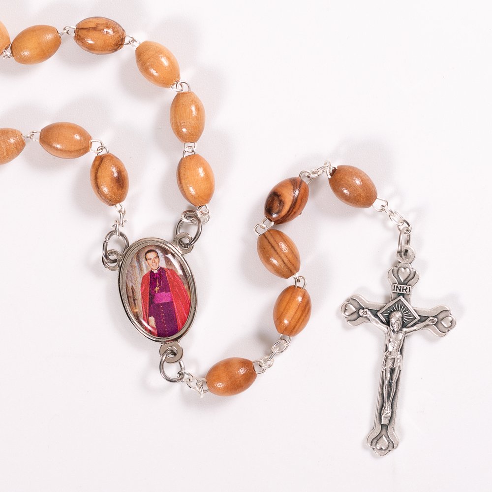 Holy Land Olive Wood Bl. Fulton Sheen Rosary with Full Color Centerpiece
