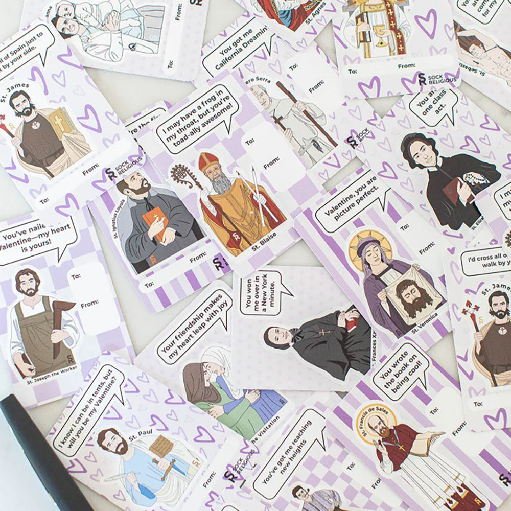 Your Valentine Book & Saint Puns Valentines Stickers Gift Set