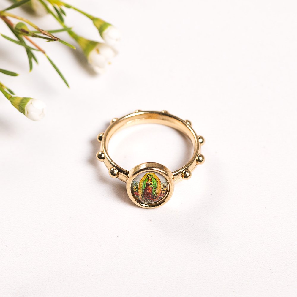 Virgin of Guadalupe Colored Centerpiece Rosary Ring - Size 7 or 9