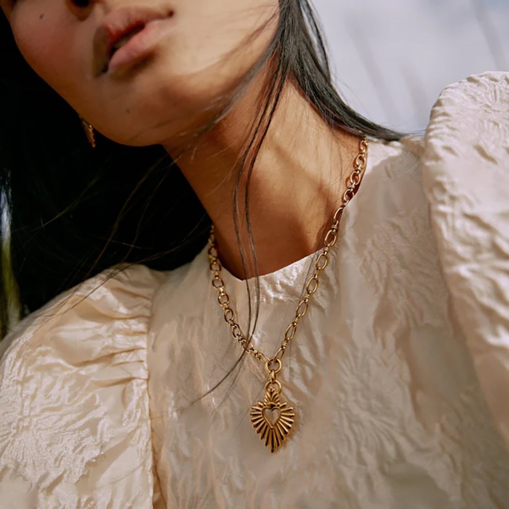 Gold Sunburst Sacred Heart Statement Necklace