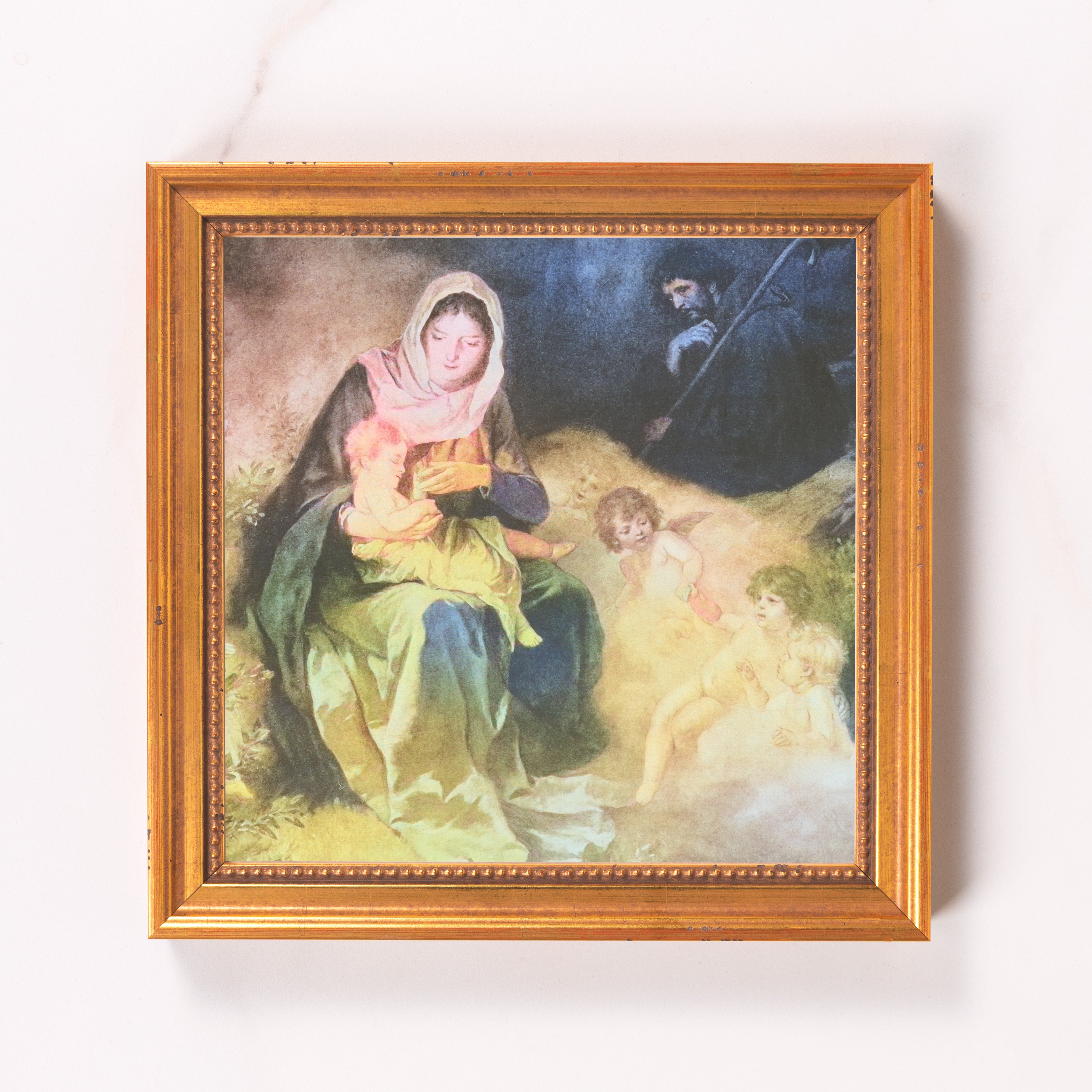 Framed Art print of Mary and baby Jesus in a decorative gold frame for home decor.